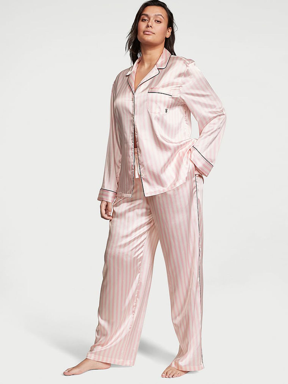vs Victoria's Secret Satin Long Pajama Set Pink Iconic Stripe 1 of 5 