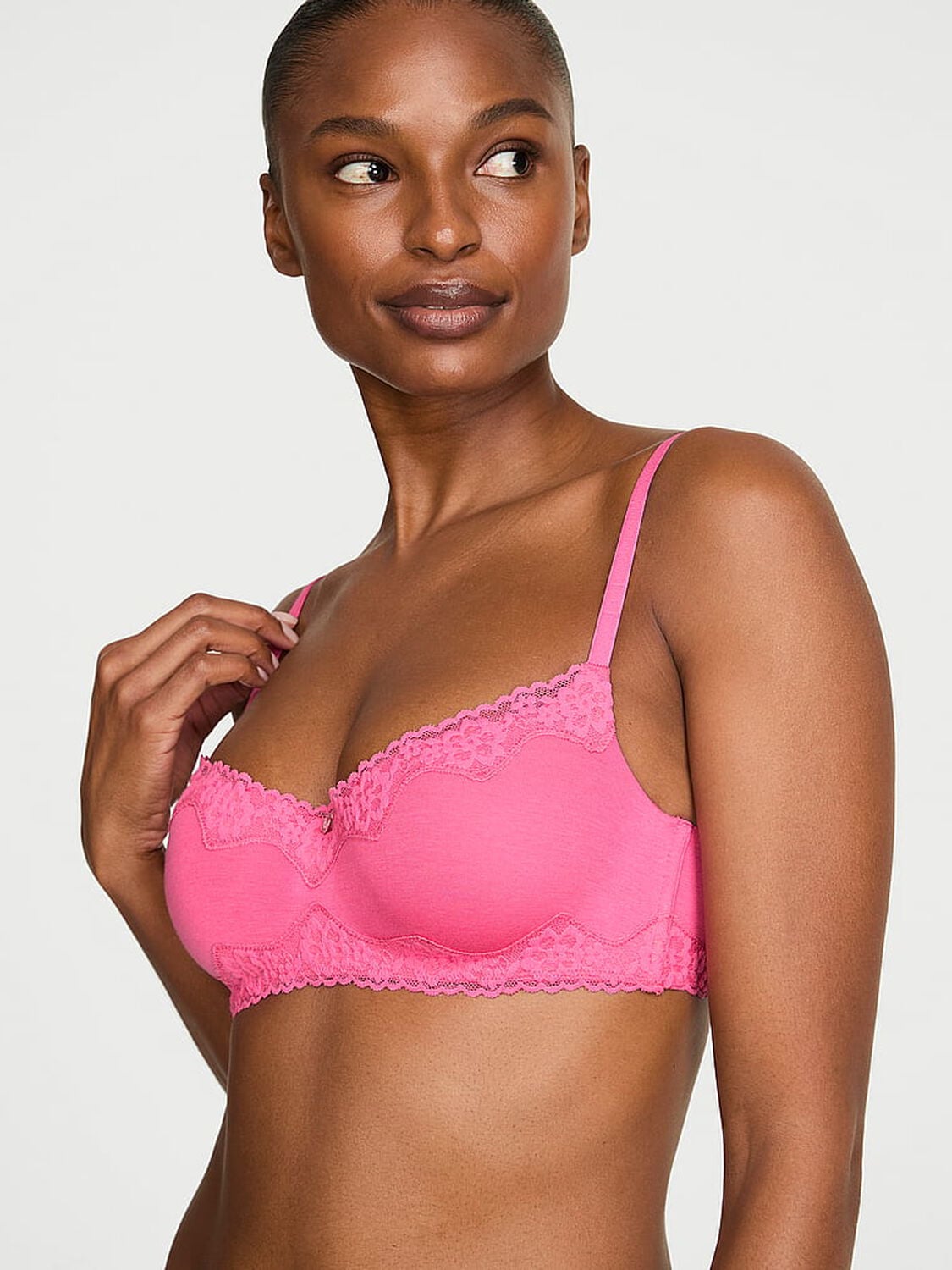 vs The T-Shirt Cotton Lace-Trim Lightly Lined Balconette Bra Pink Radiance 1 of 3 