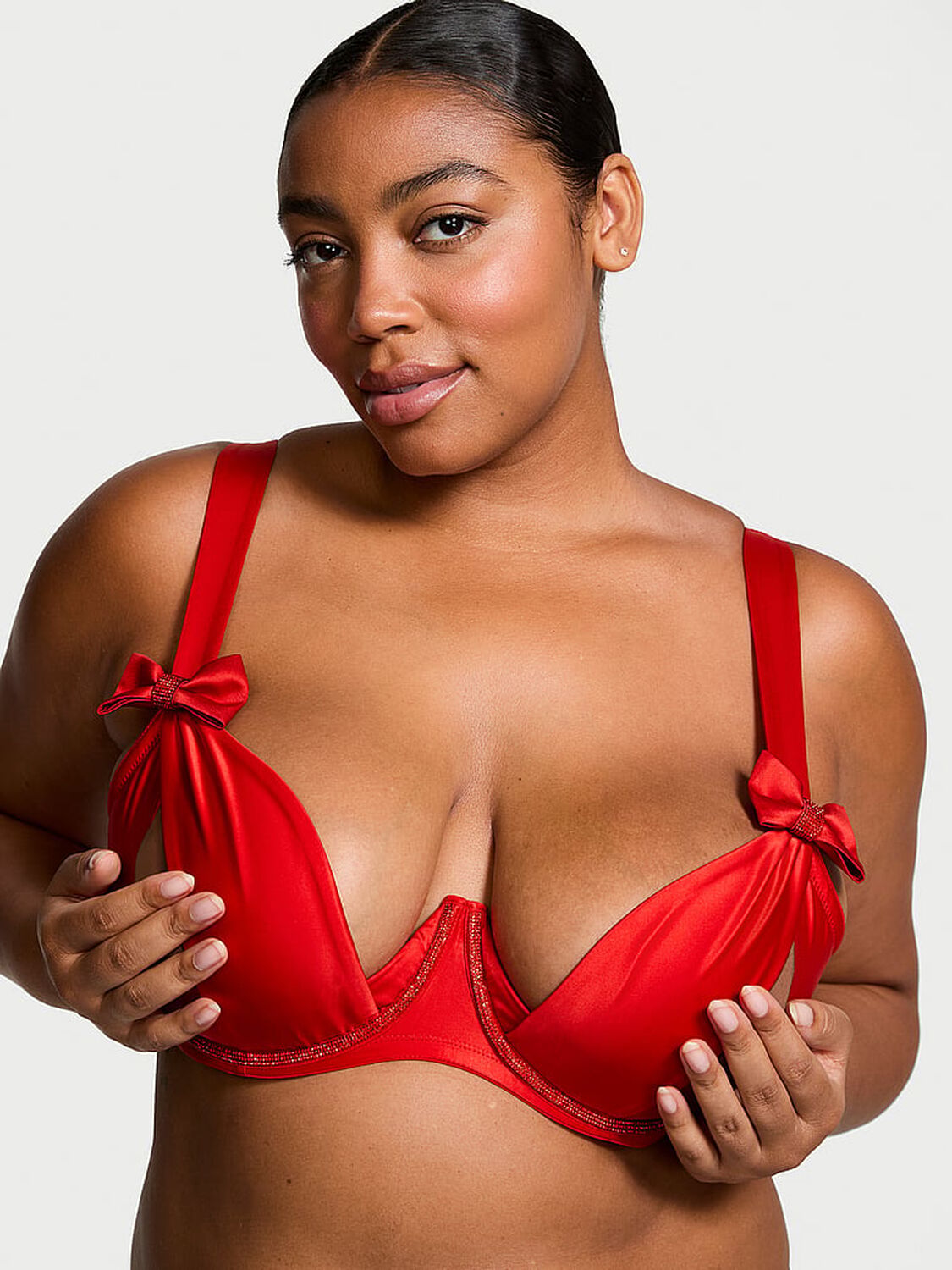 vs Dream Angels Wicked Twinkle Bows Satin Open-Cup Balconette Bra Bright Vermillion 1 of 4 