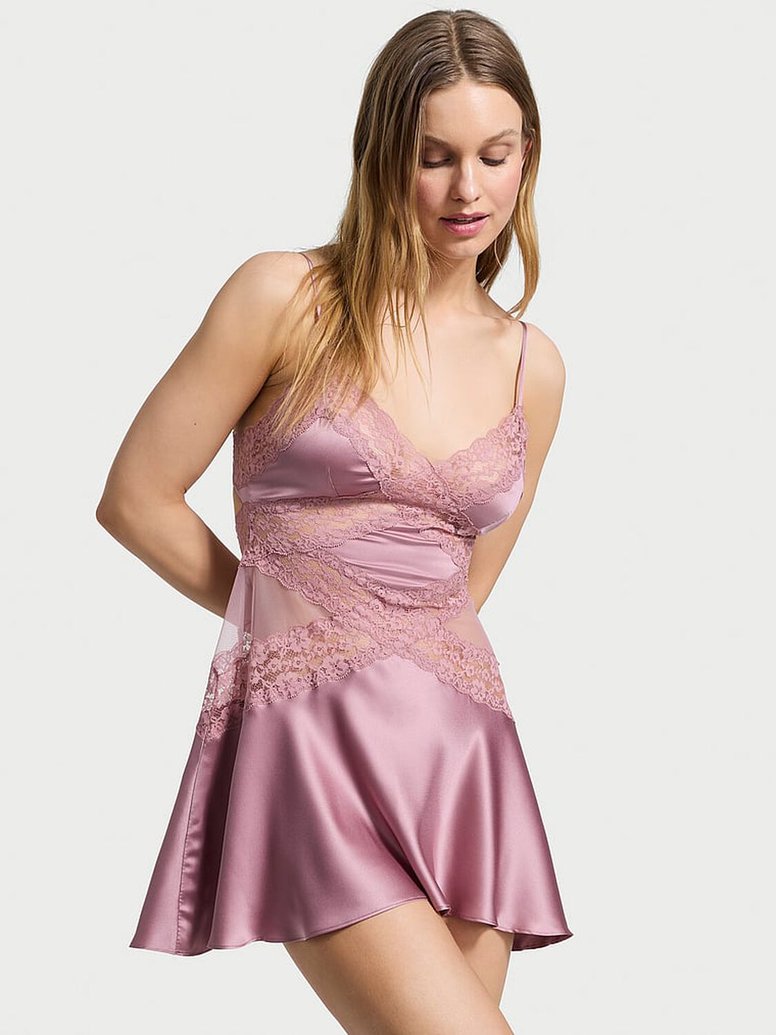 vs Dream Angels Dare to Dream Lace & Satin Flounce Slip 1 of 2 