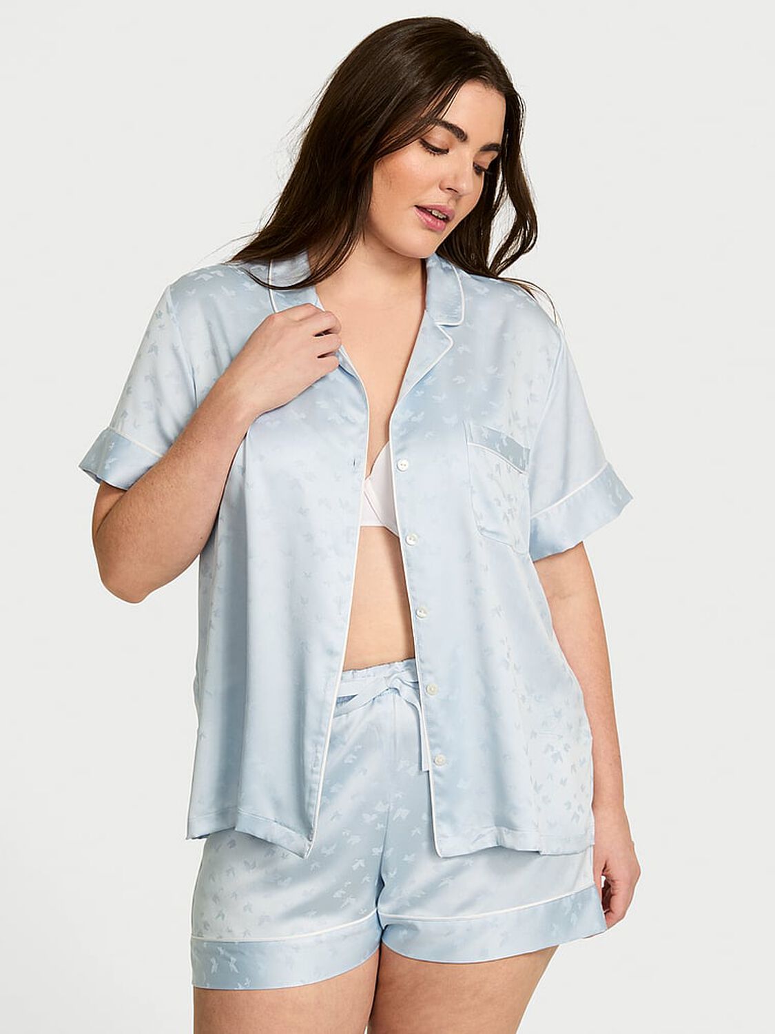 vs Victoria's Secret Glazed Satin Short Pajama Set Palest Blue Butterfly Jacquard 1 of 3 