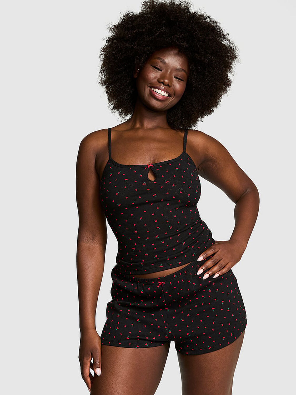 vs Pink Cotton Heart Pointelle Cami Black Hearts W/ Cherries 1 of 4 