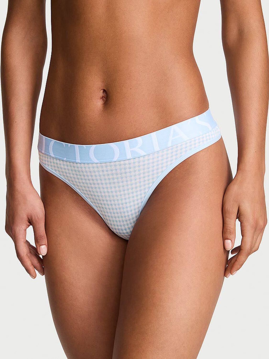 vs Cotton Exploded Logo Cotton Thong Panty Linen Blue Gingham 1 of 2 