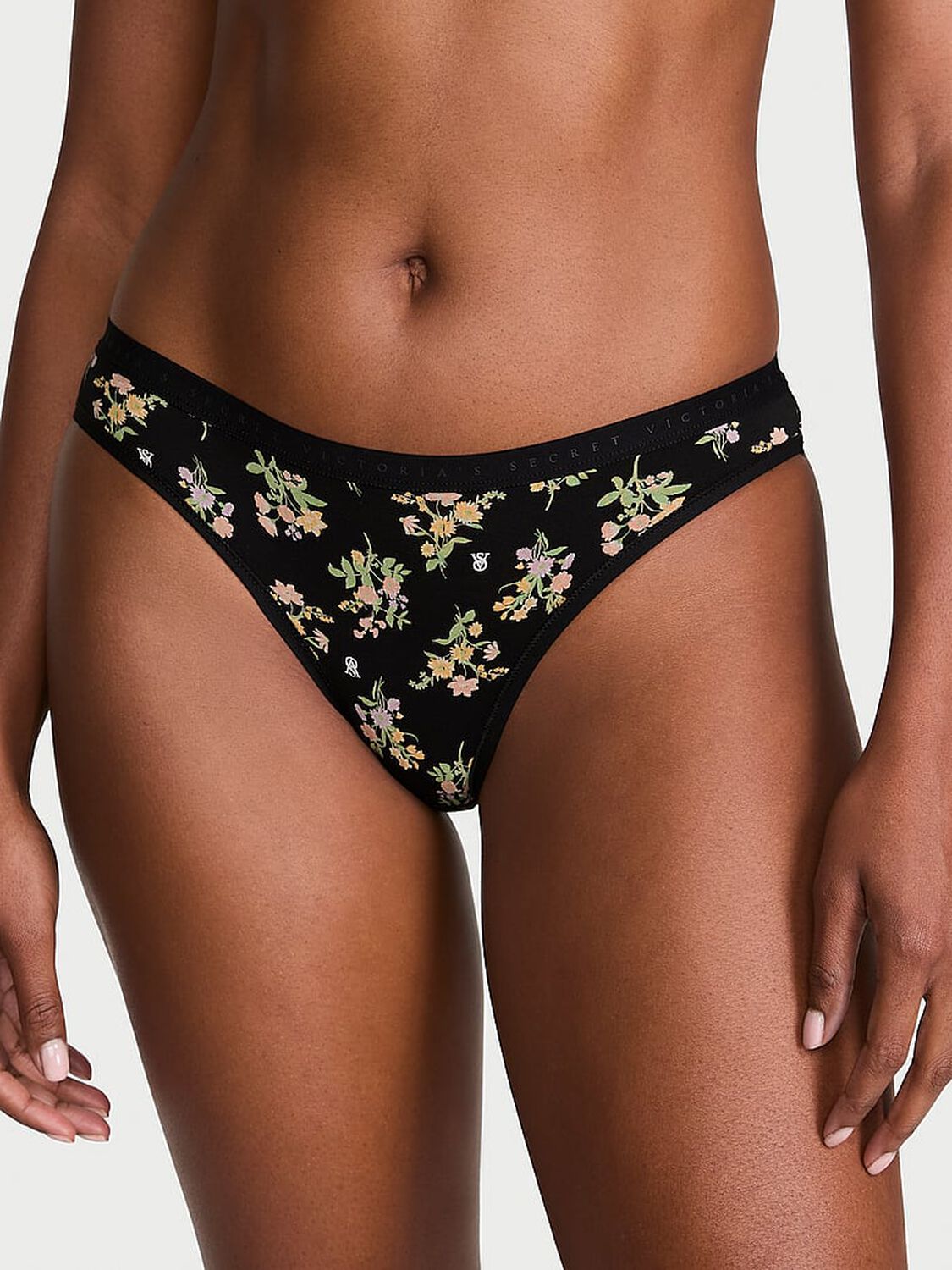 vs Victoria's Secret Stretch Cotton Bikini Panty Black Floral Bouquet 1 of 2 