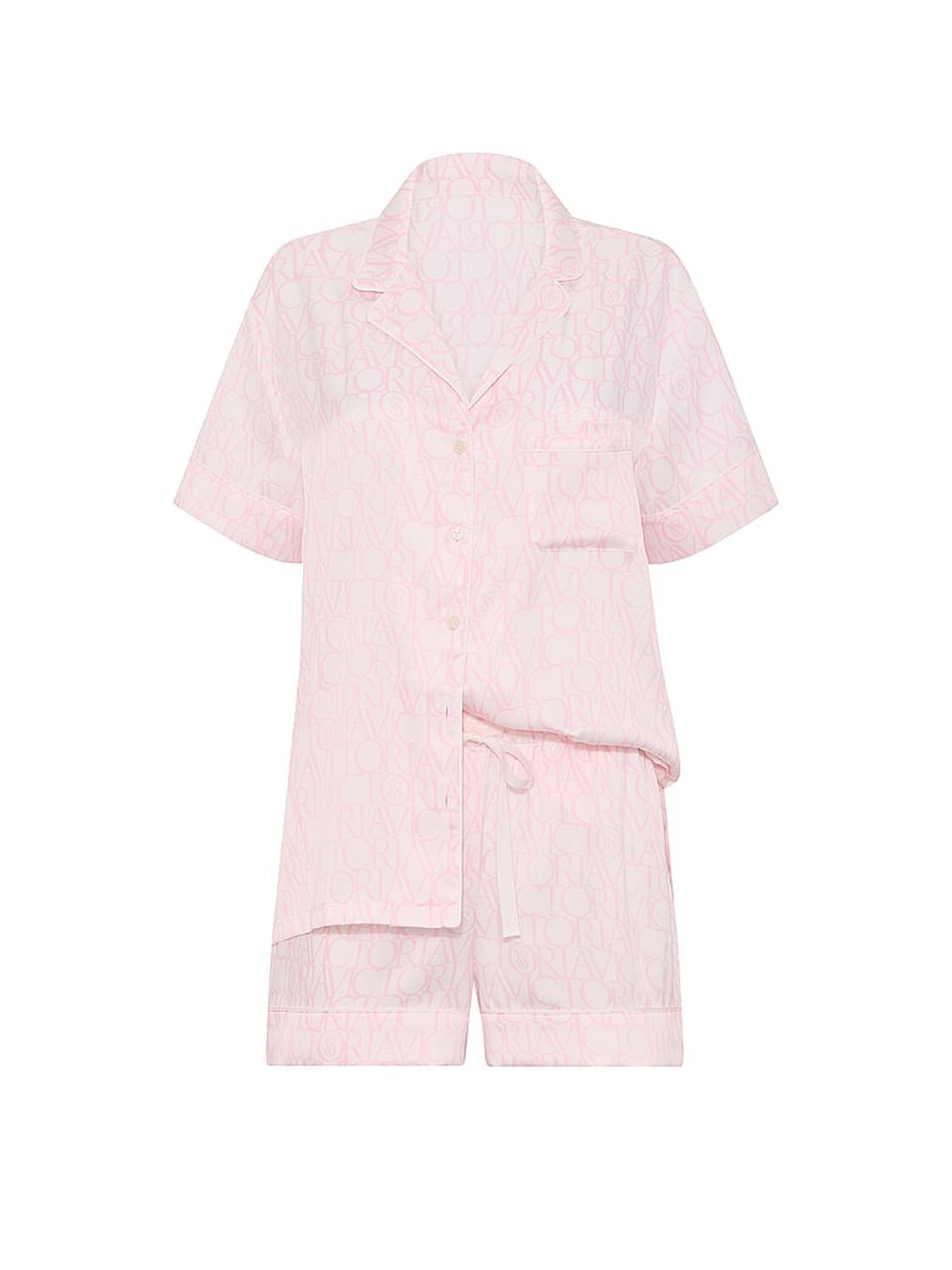 vs Victoria's Secret Signature Satin Short Pajama Set Coconut White/Pink Logos 3 of 3 