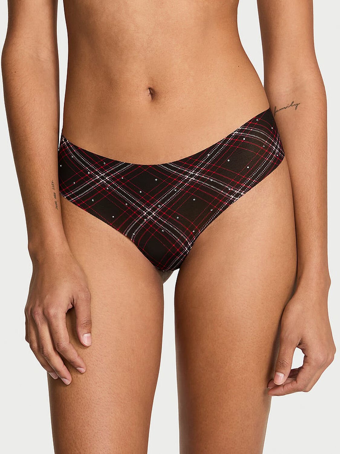 vs No-Show No-Show Shine Mesh Thong Panty Black Plaid 1 of 2 