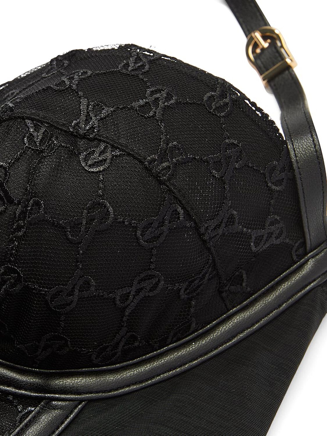 vs Very Sexy VS Logo Embroidery Balconette Faux-Leather Trim Teddy 4 of 4 