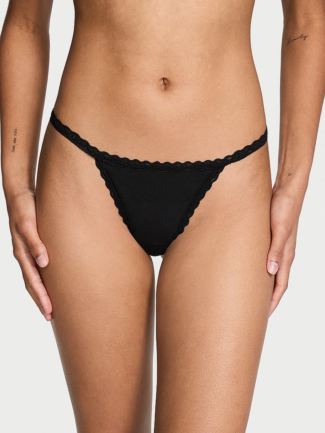 vs The Lacie Lace-Trim Cotton V-String Panty Black 1 of 3 