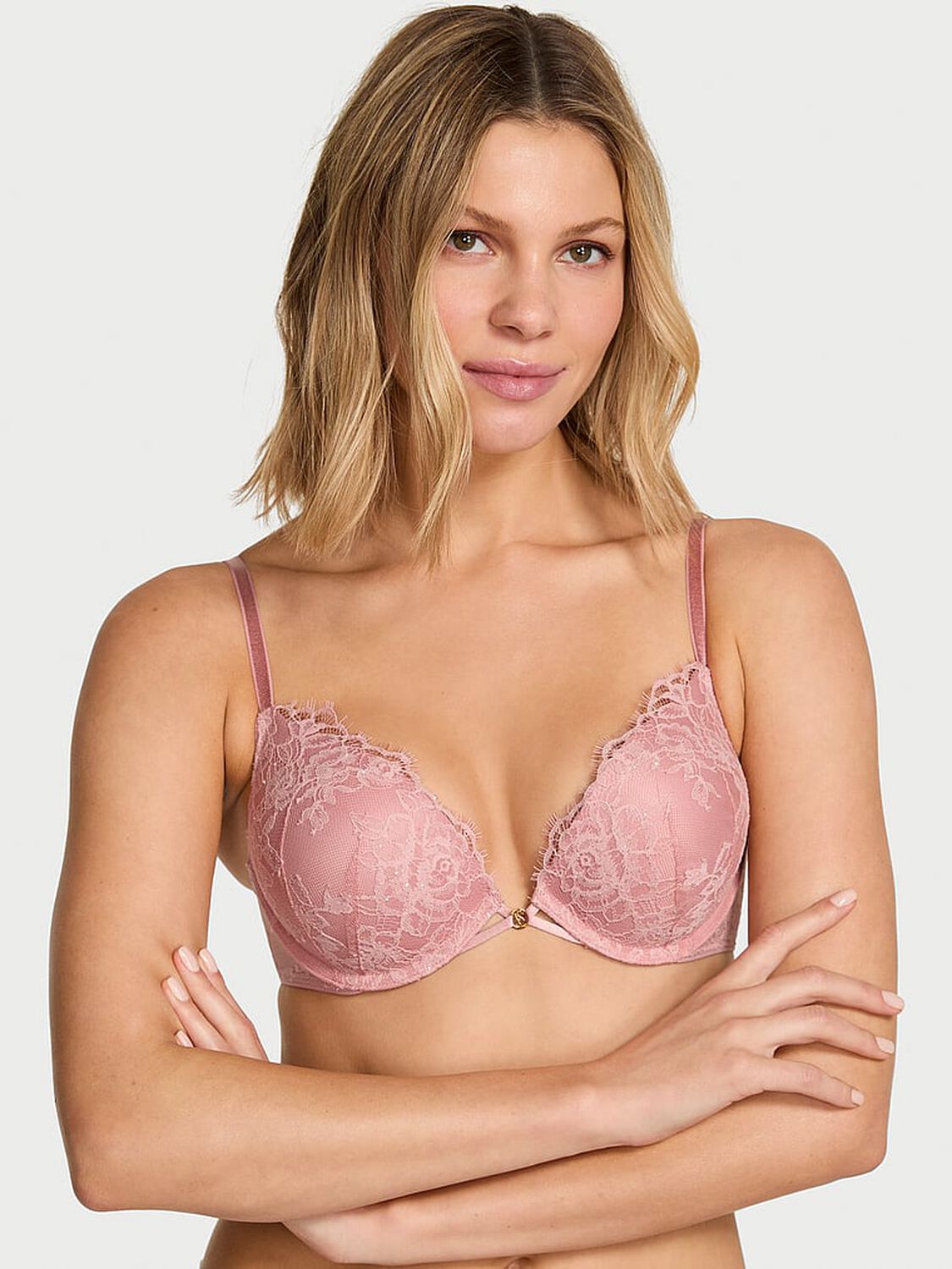 vs Very Sexy Bombshell Add-2-Cups Rose Lace Shimmer Push-Up Bra Royal Pink 1 of 2 