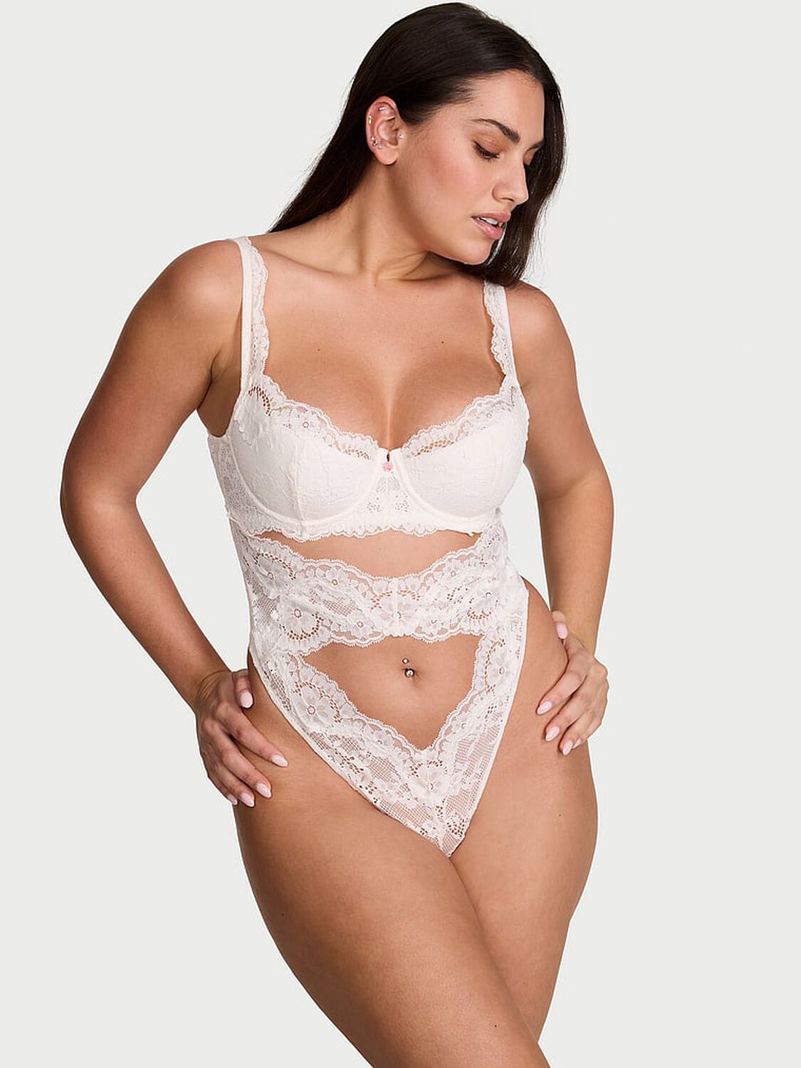 vs Dream Angels Dare to Dream Lace Uplift Balconette Teddy Coconut White 1 of 3 