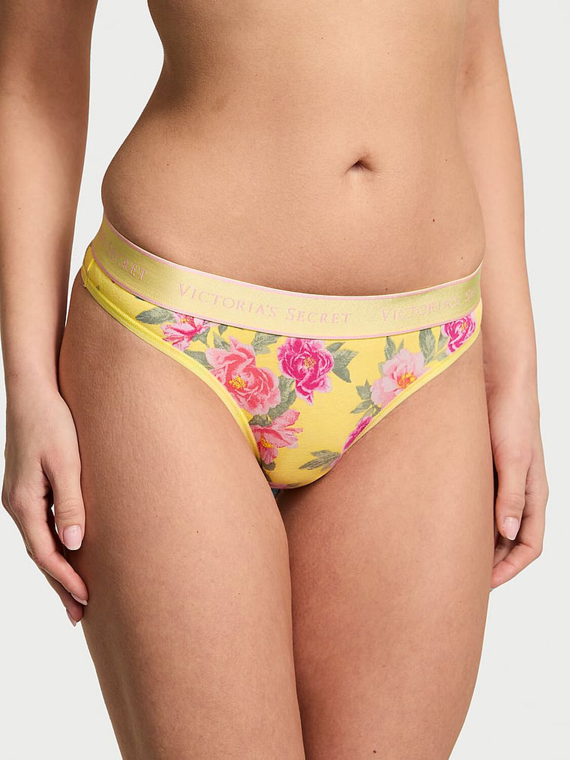 vs Cotton Logo Cotton Thong Panty Yellow Floral 1 of 3 
