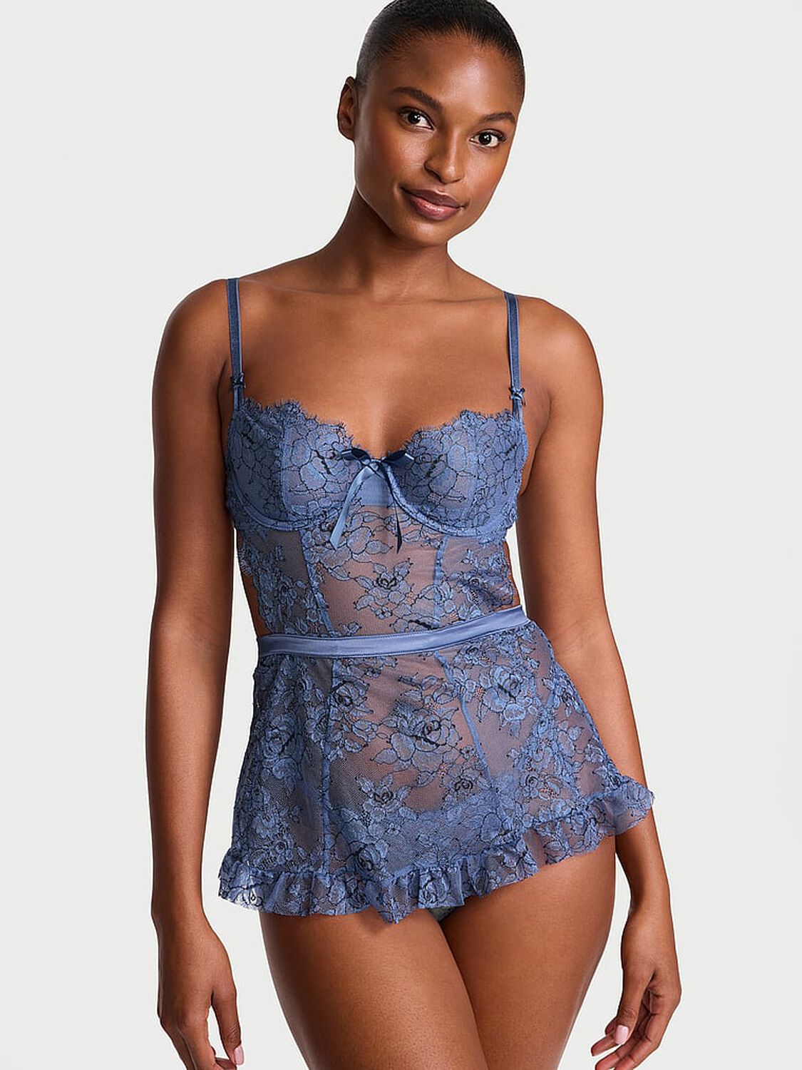vs Very Sexy Wicked Unlined Denim Rose Lace Apron Set Denim Blue 1 of 3 