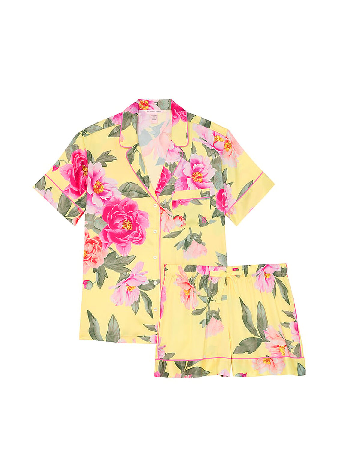 vs Victoria's Secret Glazed Satin Short Pajama Set Yellow Tulip W Floral Bouquet 3 of 4 