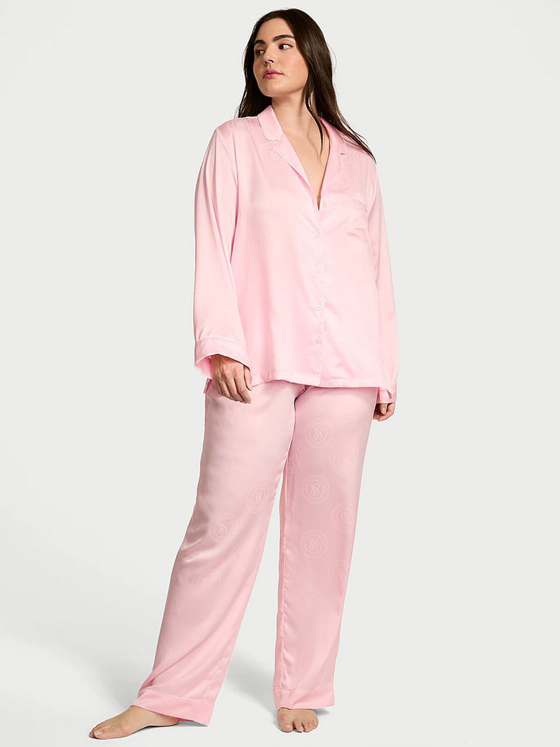 vs Victoria's Secret Glazed Satin Long Pajama Set Angel Pink Crest Jacquard 1 of 3 