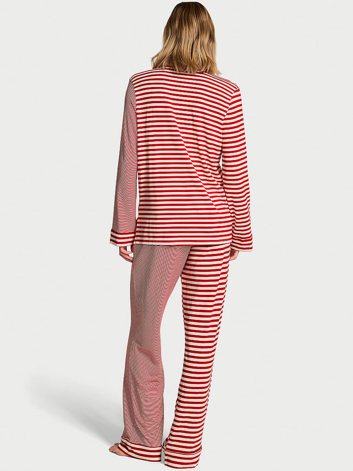 vs Victoria's Secret Modal Soft Long Pajama Set Lipstick/Coconut White Yd Stripe 1 of 2 