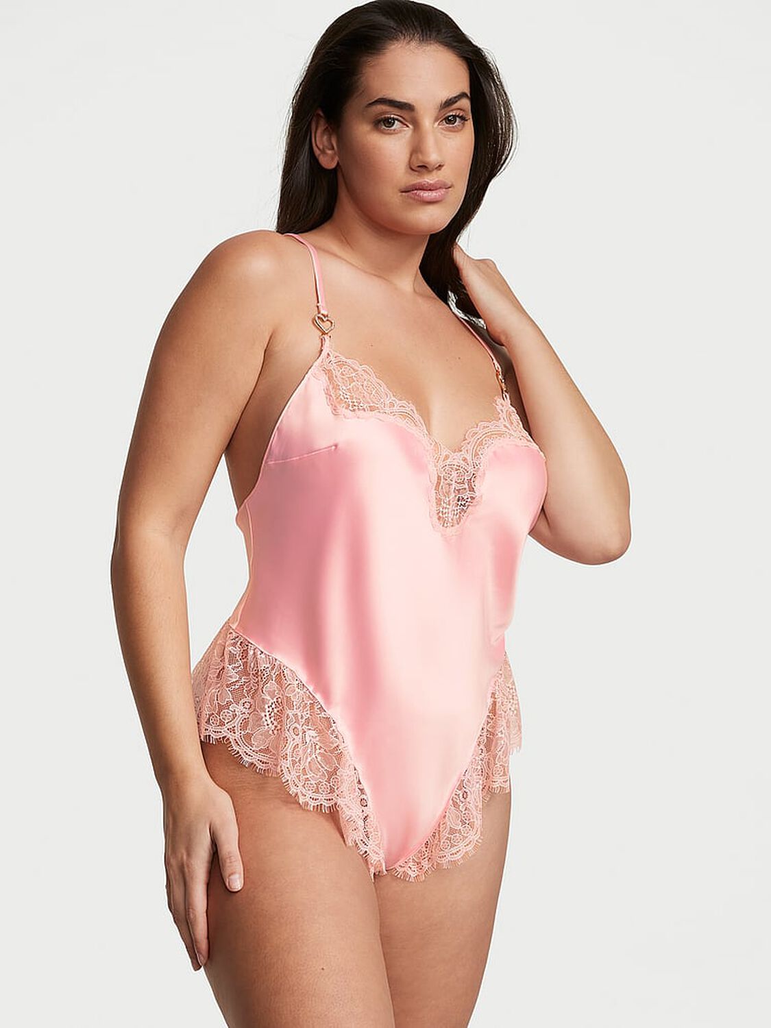 vs Victoria's Secret Satin Lace Shine Heart Hardware High-Leg Romper Pretty Blossom 1 of 3 