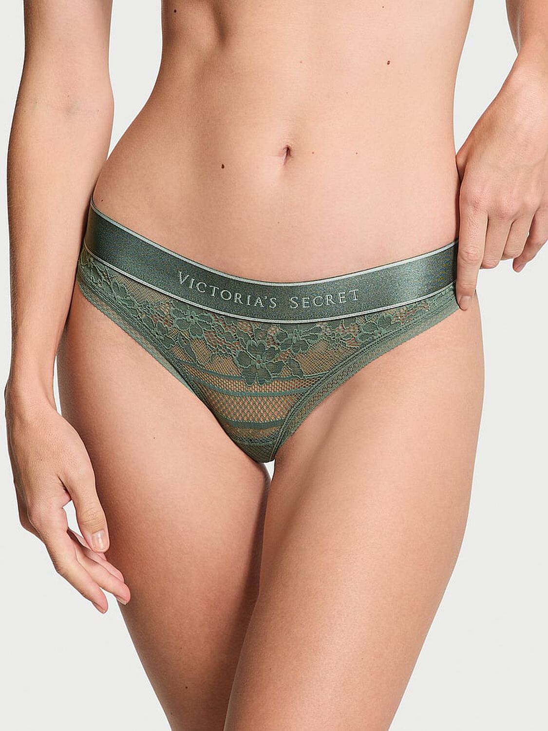 vs Cotton Logo Lace Thong Panty Faded Sage 1 of 3 