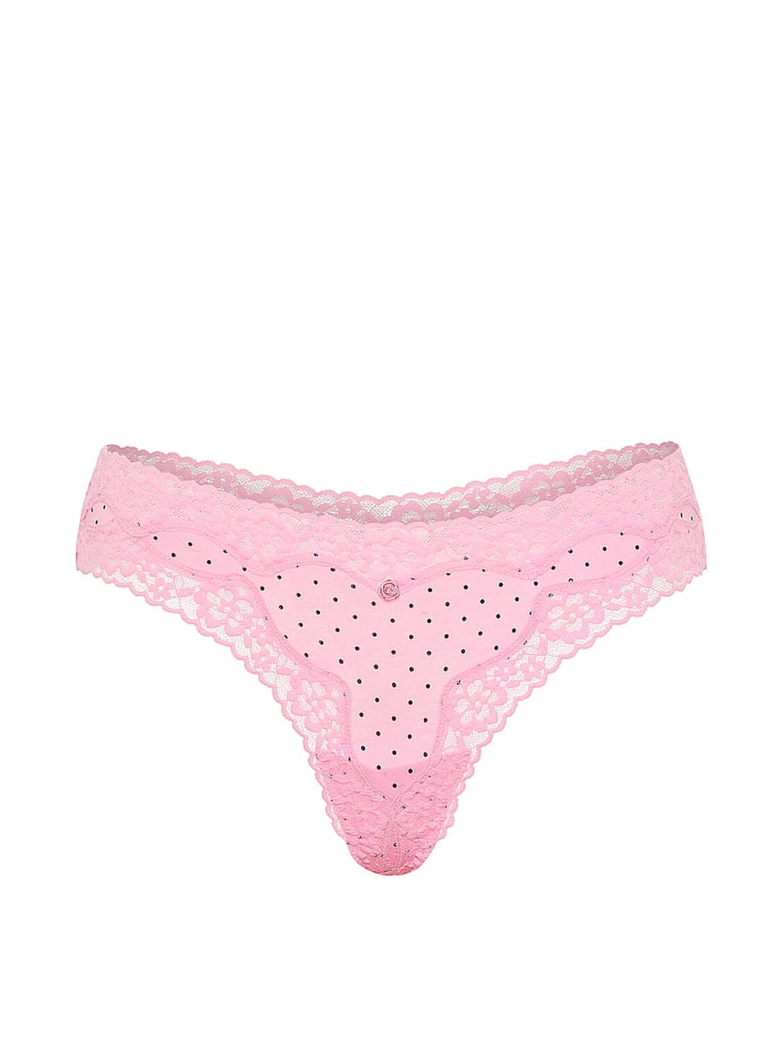 vs Lace Trim Cotton Lace-Waist Thong Panty Victoria Pink Pin Dots 3 of 3 