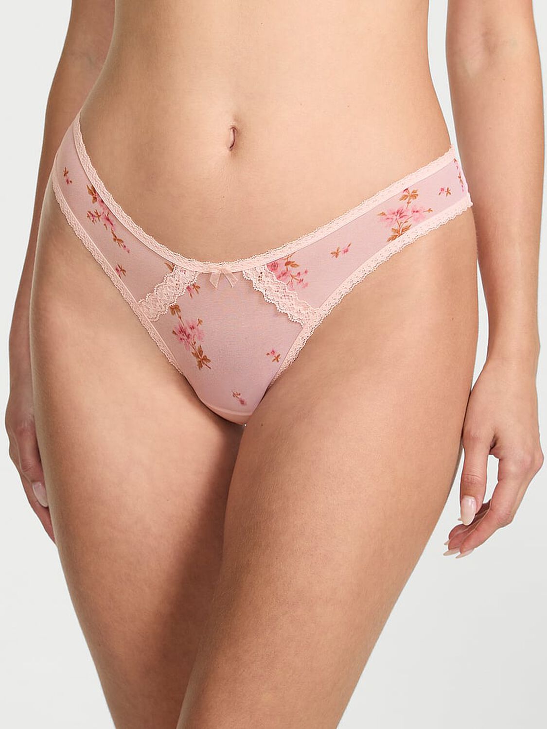 vs Dream Angels Sheer Lace-Trim Brazilian Panty Pink Ditsy Print 1 of 3 