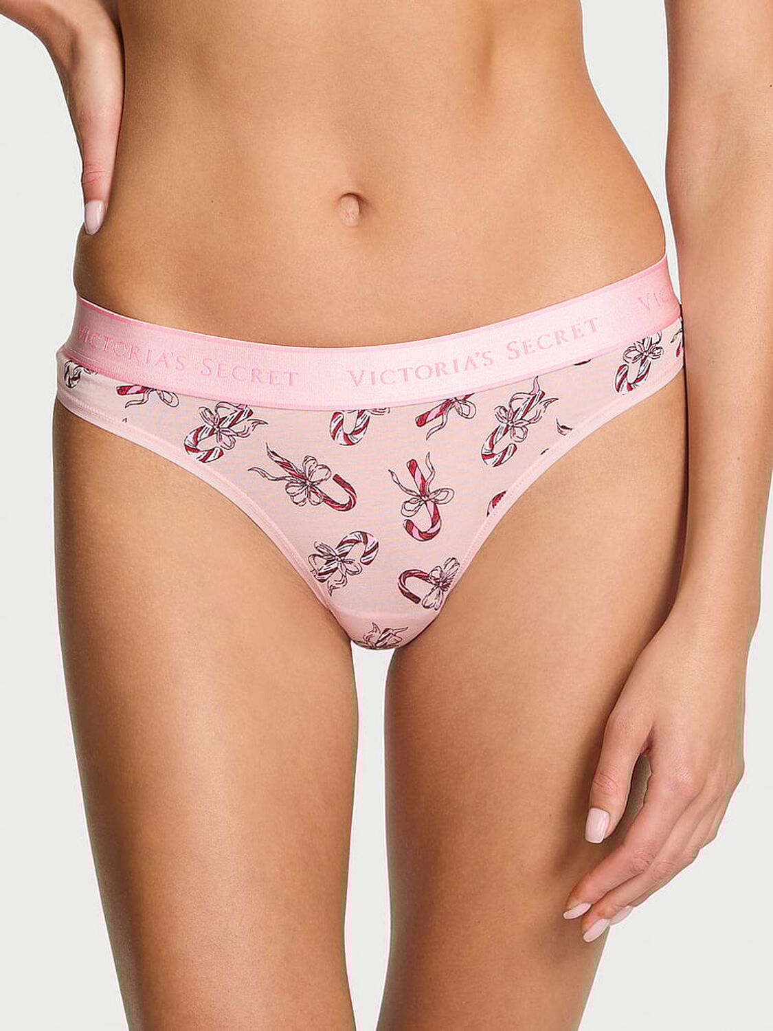 vs Cotton Logo Cotton Thong Panty Angel Pink Candy Canes 2 of 2 