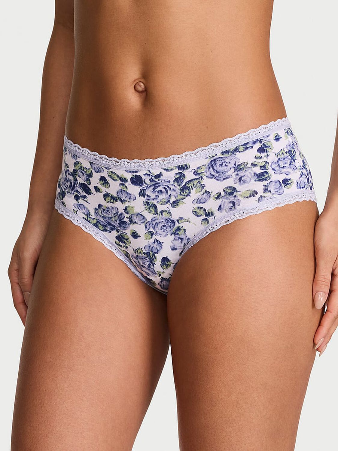 vs Lace Trim Cotton Lace-Waist Cheeky Panty Icy Lavender Roses 1 of 3 