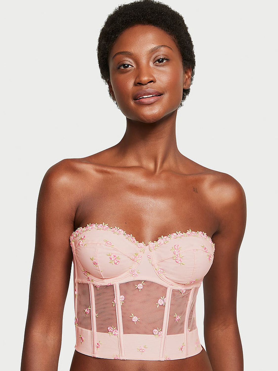 vs Dream Angels Rosebud Embroidery Unlined Strapless Plunge-Back Corset Top Pink Fizz 1 of 5 