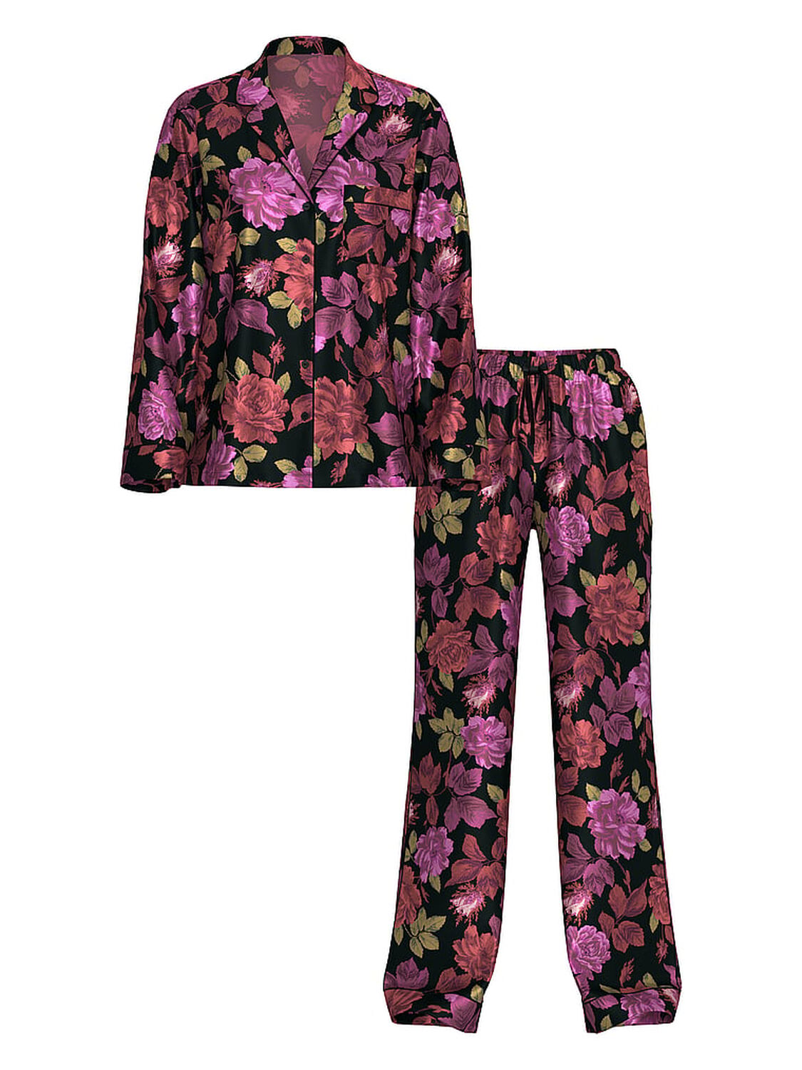 vs Victoria's Secret Glazed Satin Long Pajama Set Rose/Black Floral 3 of 5 