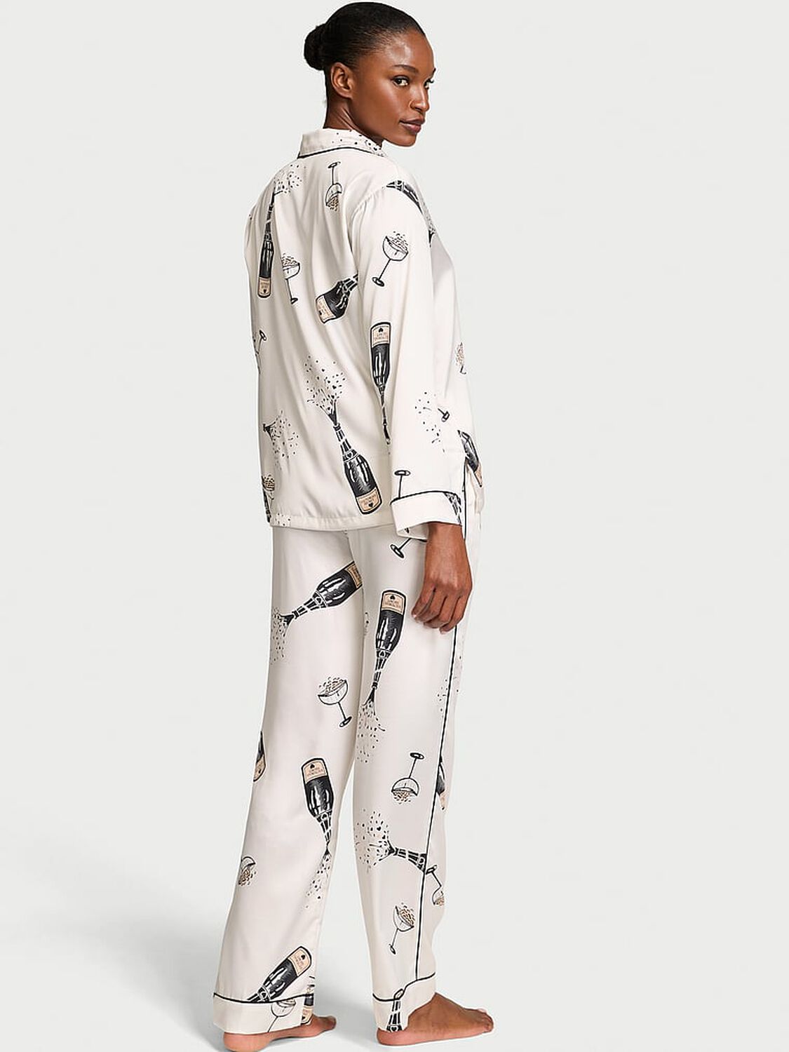 vs Victoria's Secret Glazed Satin Long Pajama Set Coconut White Champagne Bottles 2 of 3 