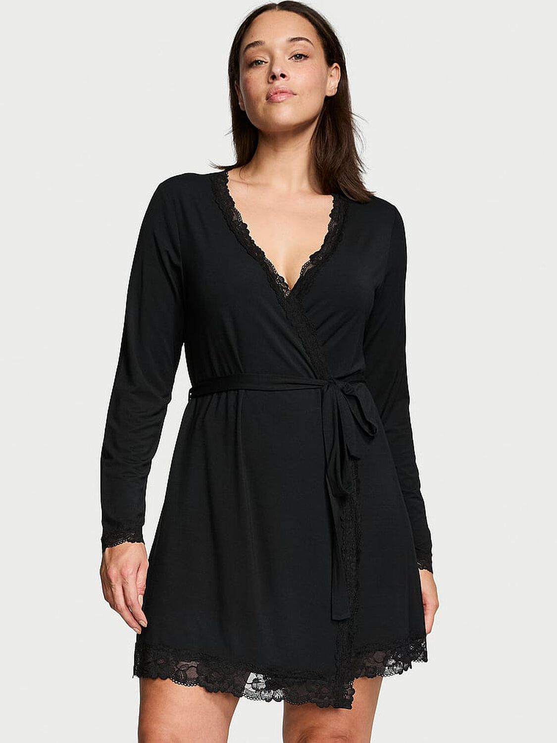 vs Victoria's Secret Modal Lace-Trim Robe Black 1 of 3 