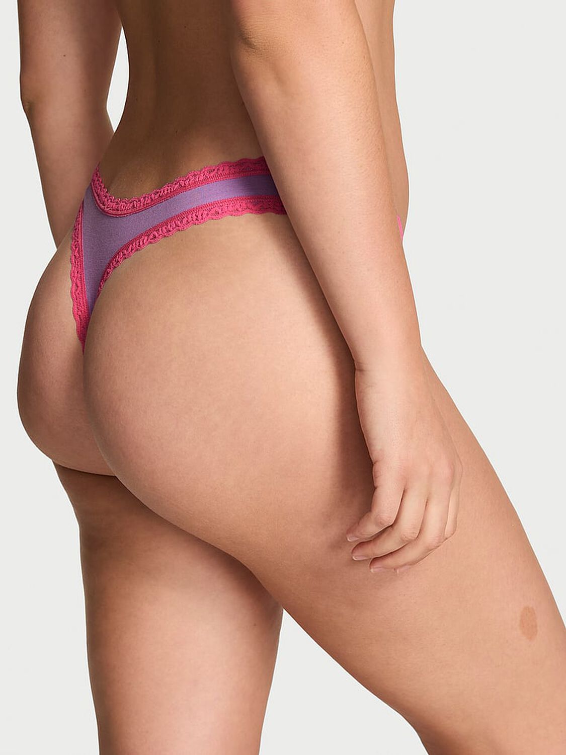 vs Lace Trim Cotton Lace-Waist Thong Candy Violet 2 of 3 