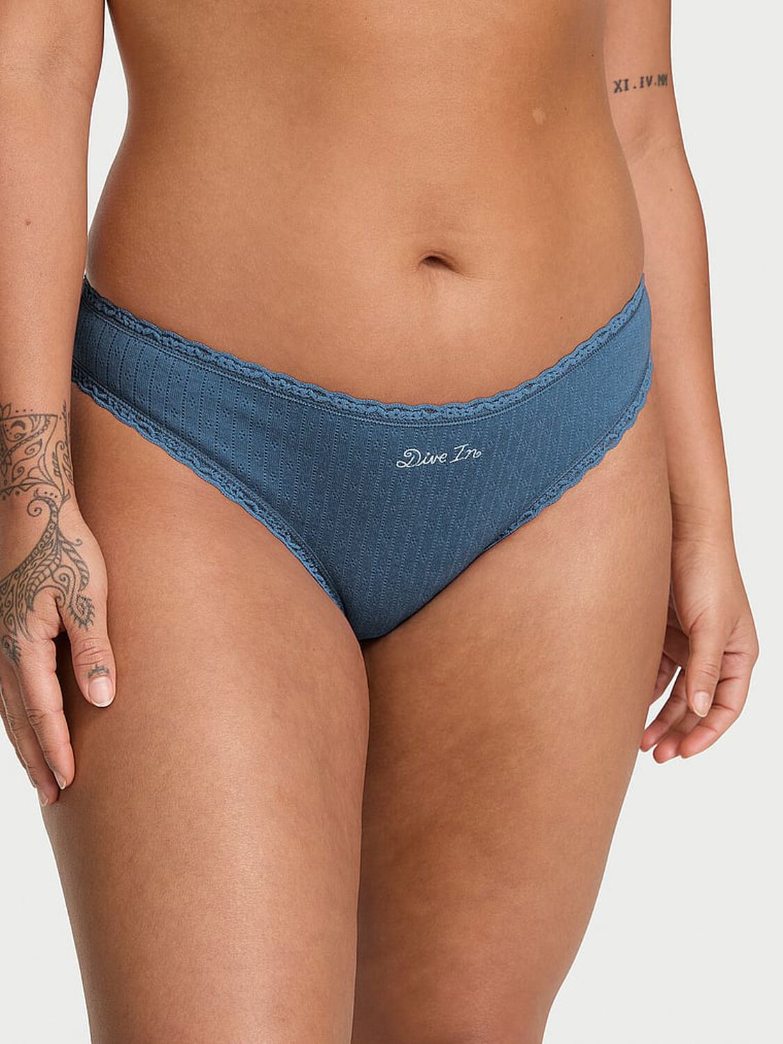 vs The Lacie Stretch Cotton Pointelle Lace-Waist Bikini Panty Moonlight Blue 1 of 3 
