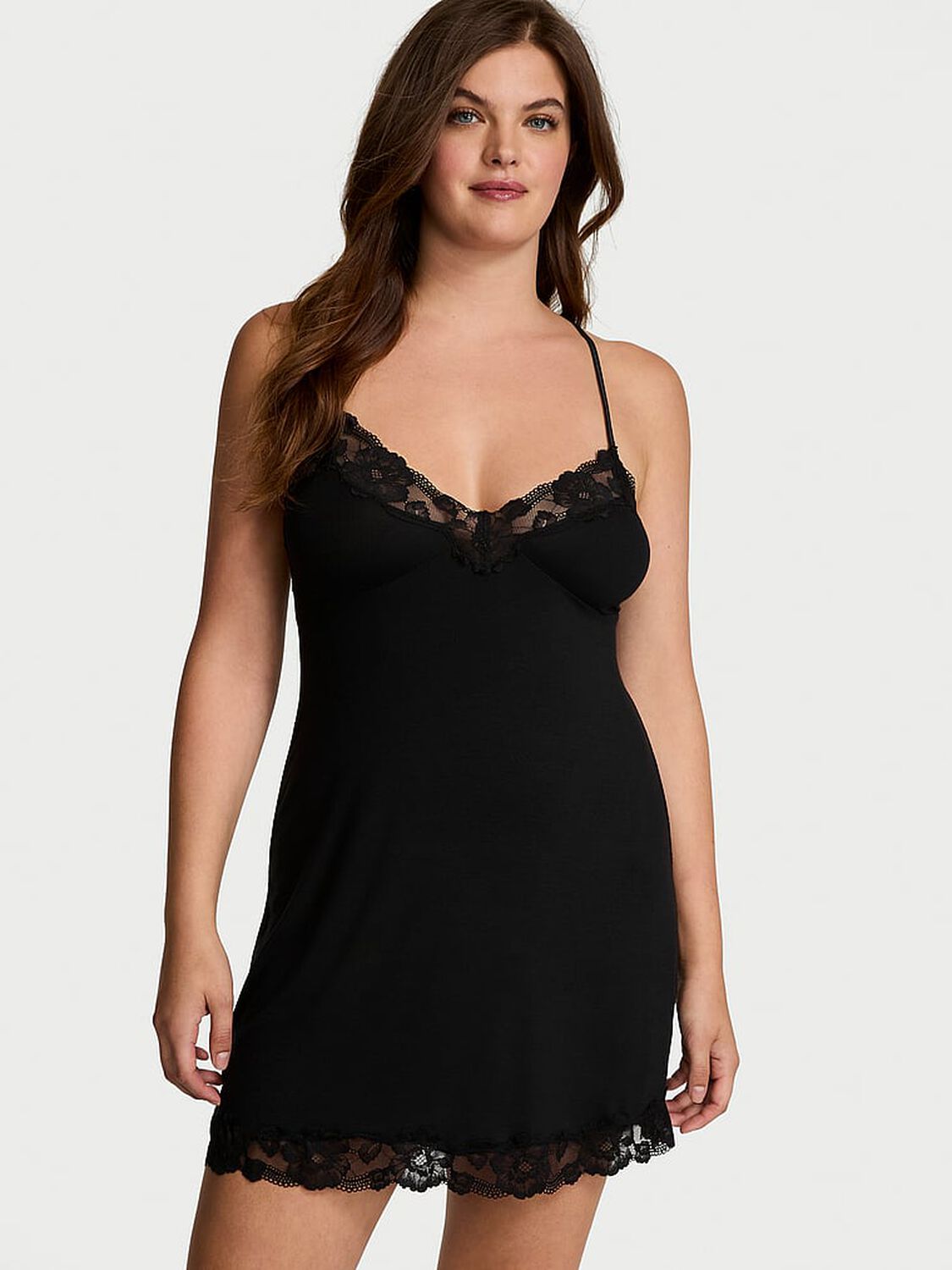 vs Victoria's Secret Ribbed Modal & Lace Cross-Back Slip Dress Black 1 of 4 