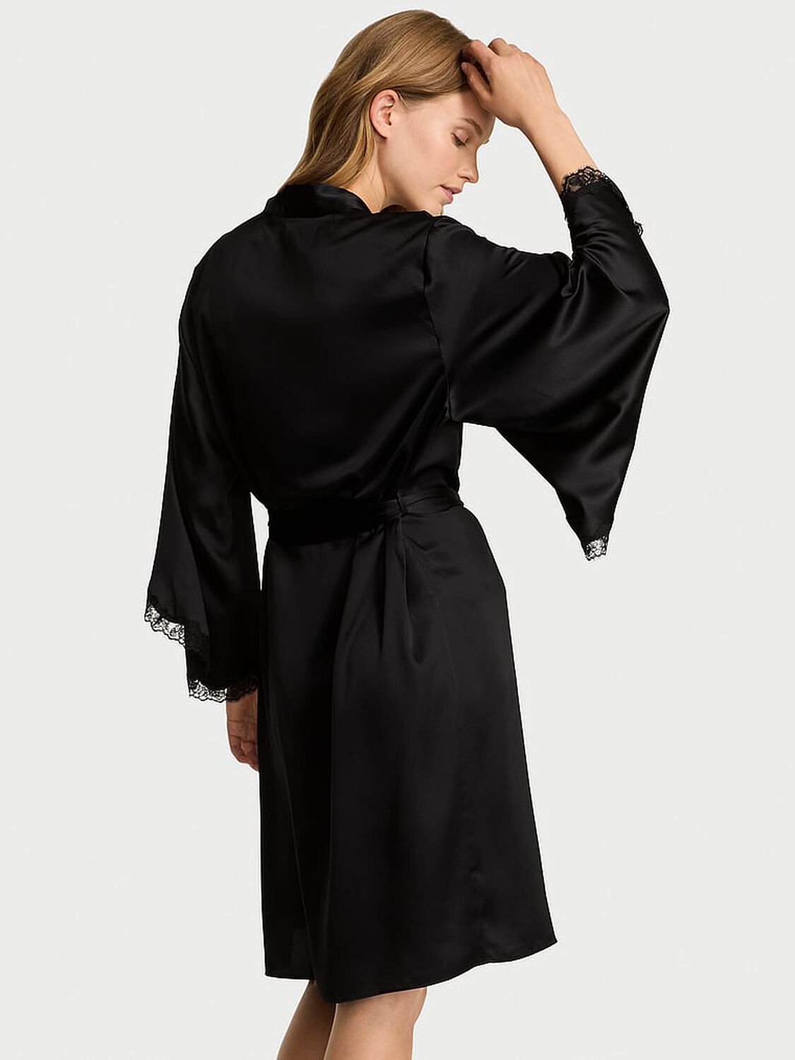 vs Very Sexy Satin Rose Lace-Trim Midi Robe Black 2 of 3 