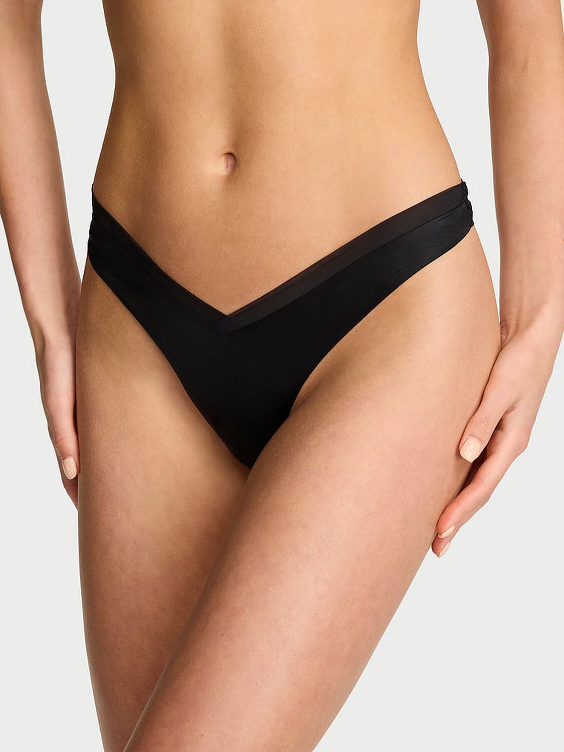 vs Very Sexy Sheer Reveal Mesh-Trim Strappy-Back Thong Panty Black 1 of 3 