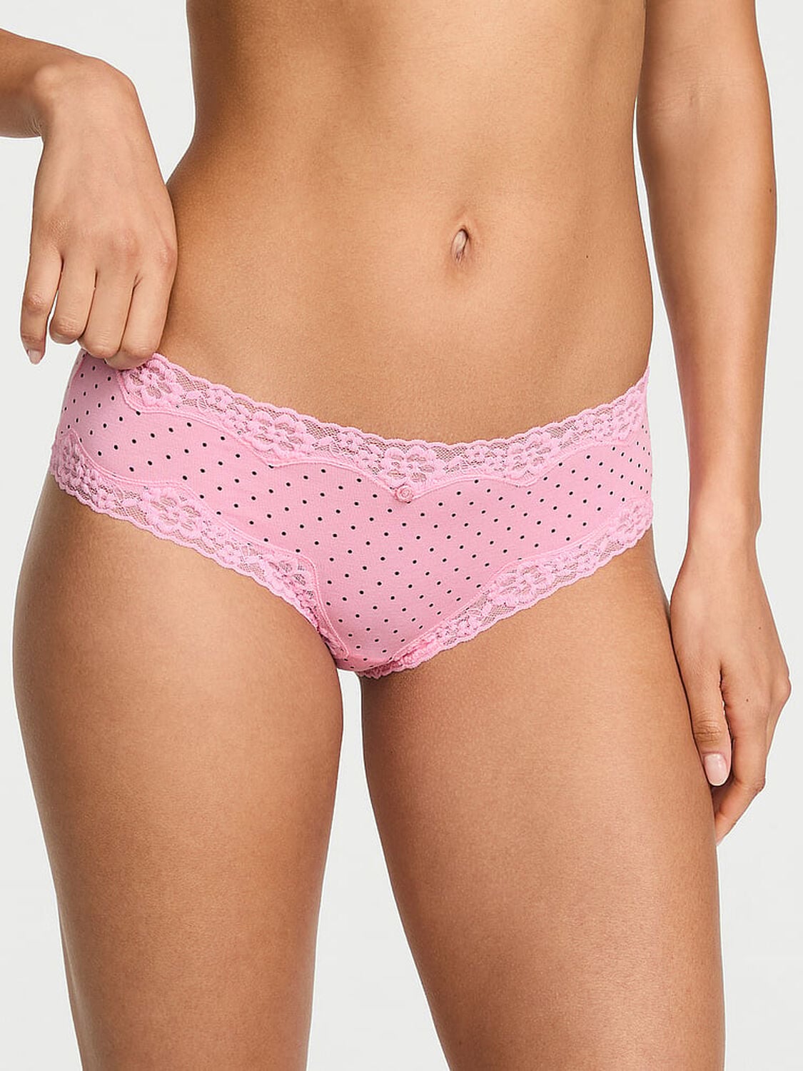 vs Lace Trim Cotton Lace-Waist Cheeky Panty Victoria Pink Pin Dots 1 of 3 