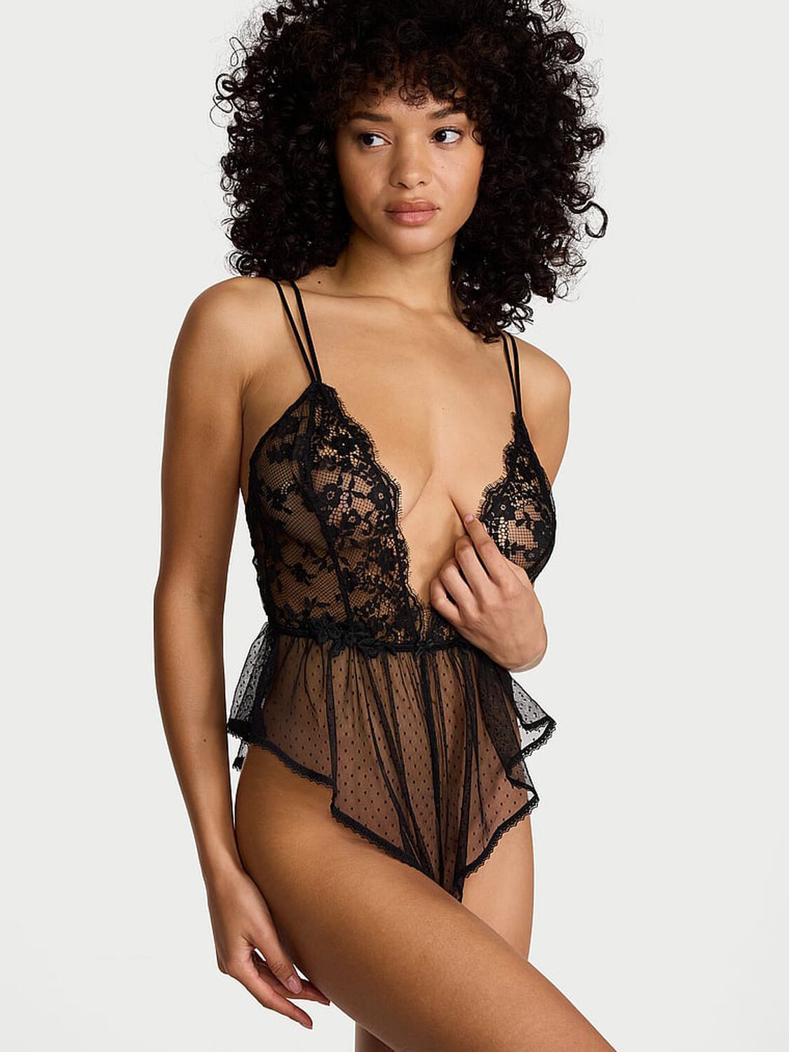 vs Dream Angels Sheer Dot Mesh & Lace Plunge Flutter Romper Black 1 of 3 