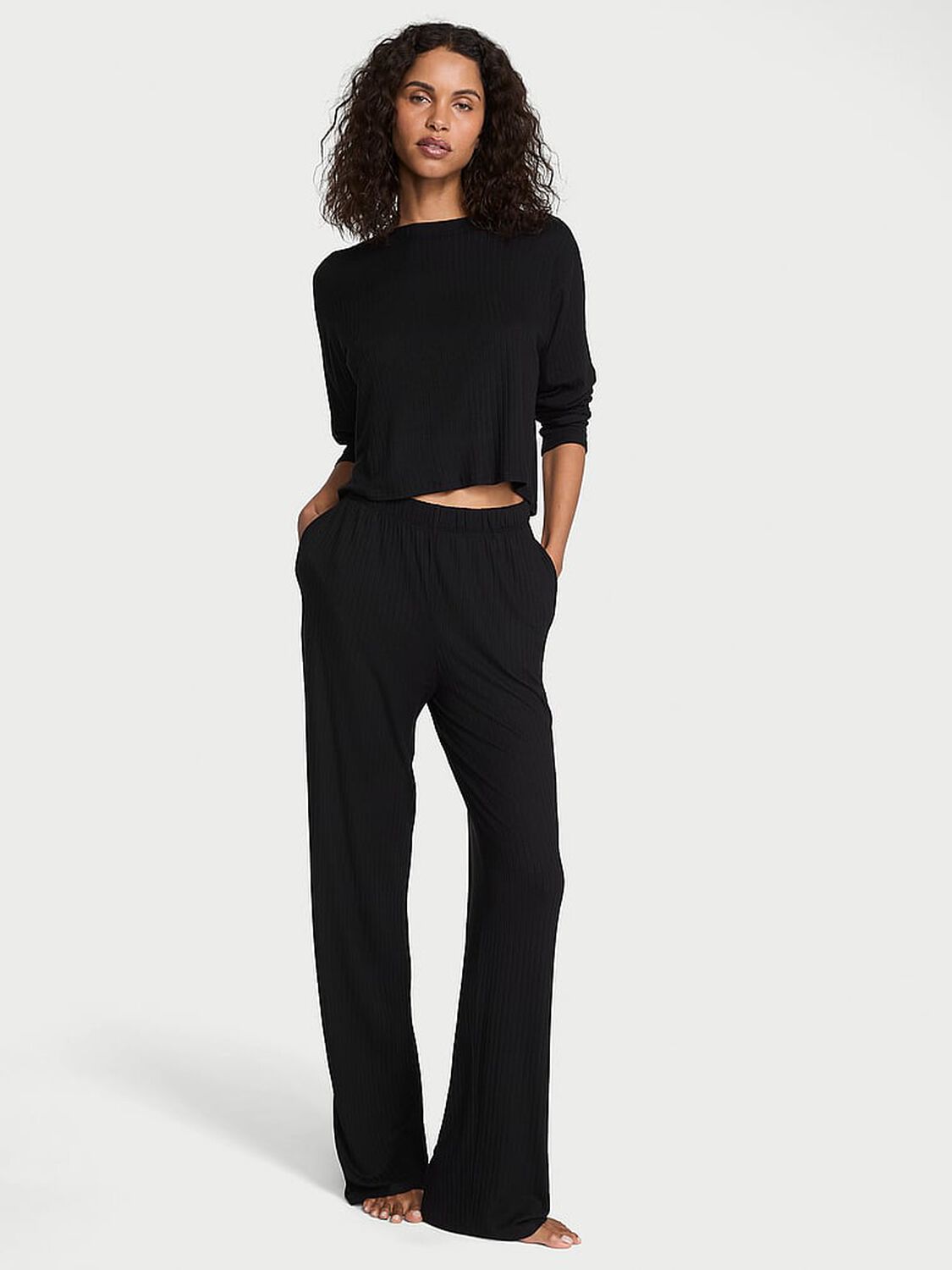 vs Victoria's Secret Modal Wide-Rib Long Lounge Set Black 1 of 3 