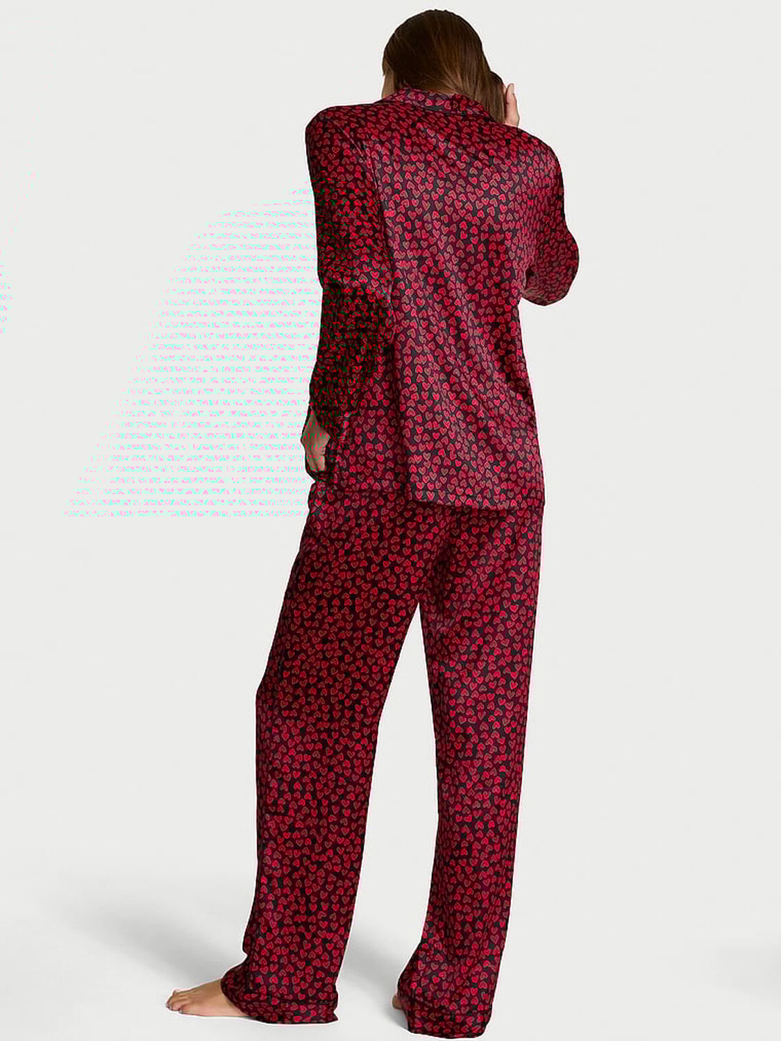 vs Victoria's Secret Glazed Satin Long Pajama Set Black/Lipstick Scattered Hearts 2 of 3 