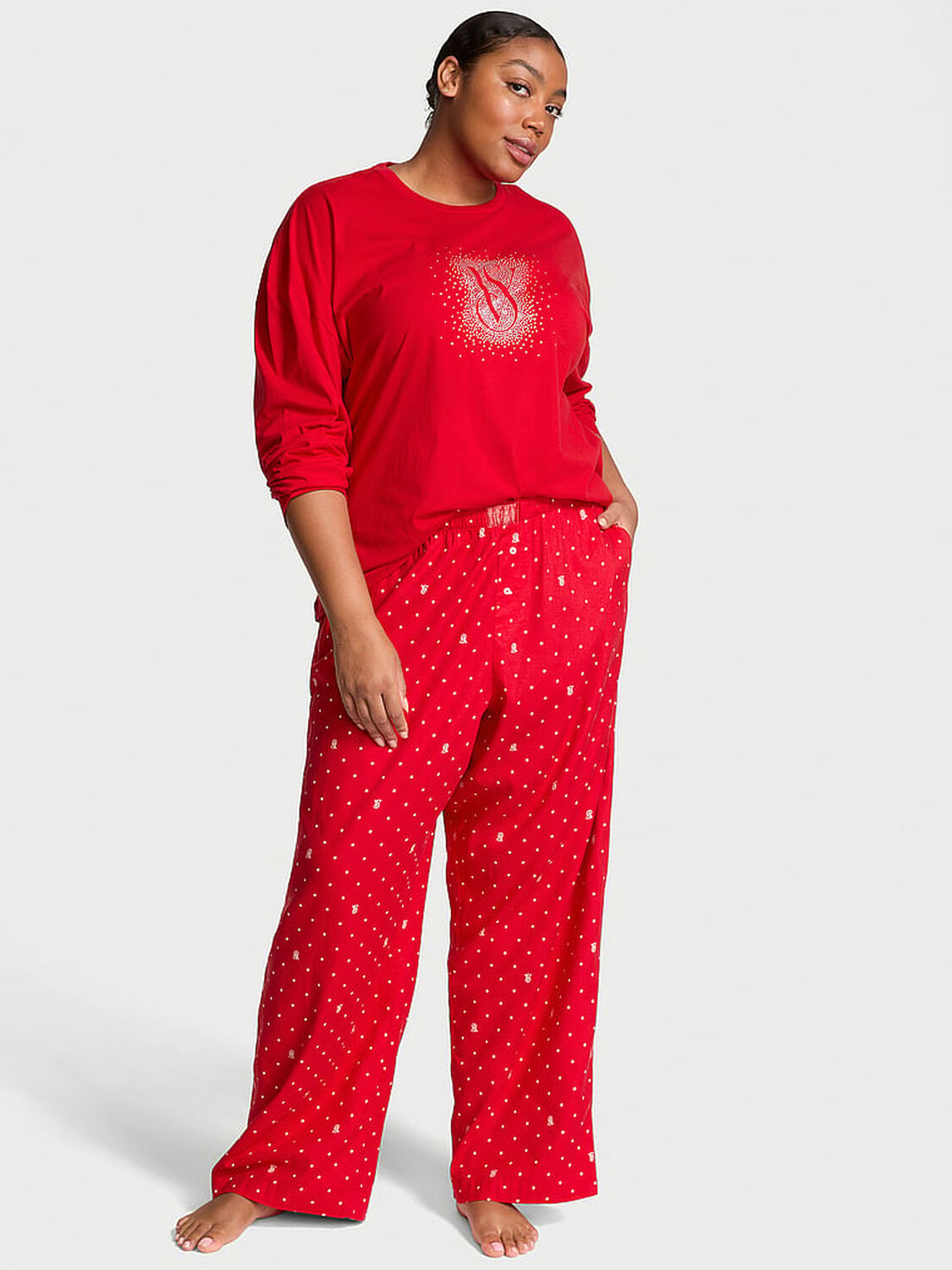 vs Victoria's Secret Flannel Long-Sleeve Tee-Jama Set Lipstick Logo Dots 1 of 4 