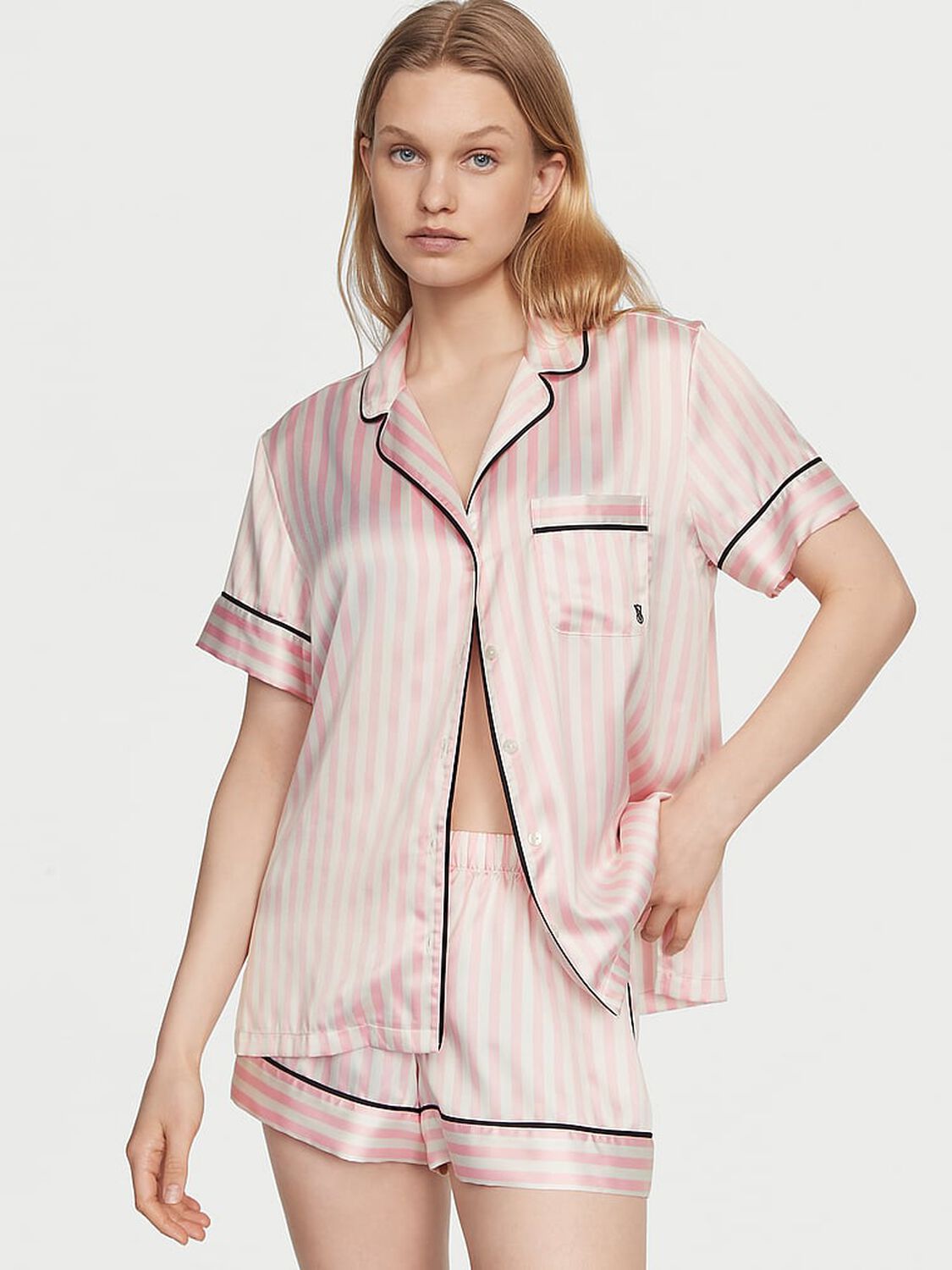 vs Victoria's Secret Glazed Satin Short Pajama Set Pink Iconic Stripes 1 of 4 