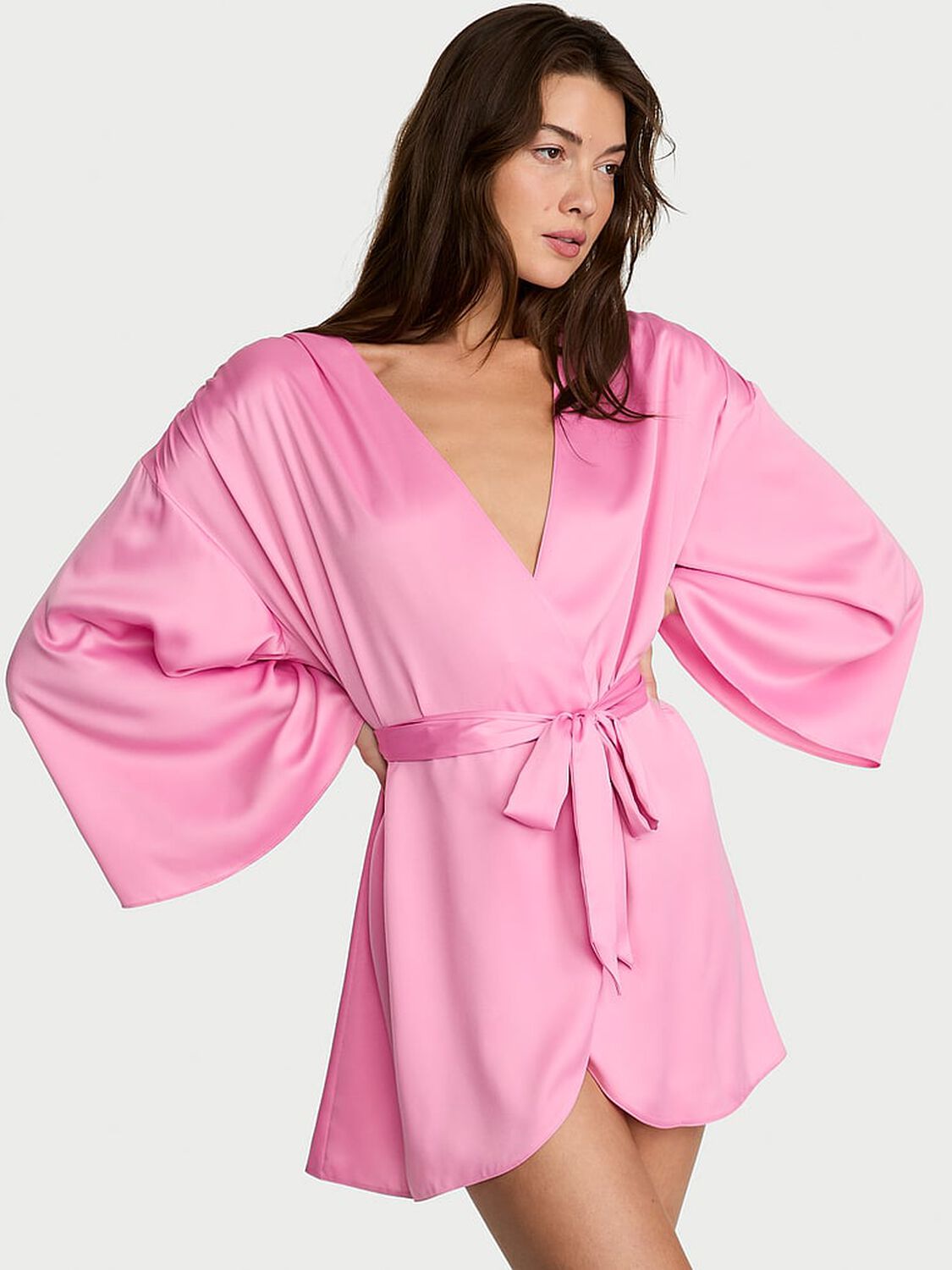 vs Victoria's Secret Satin Short Robe Pink Sugar 1 of 3 