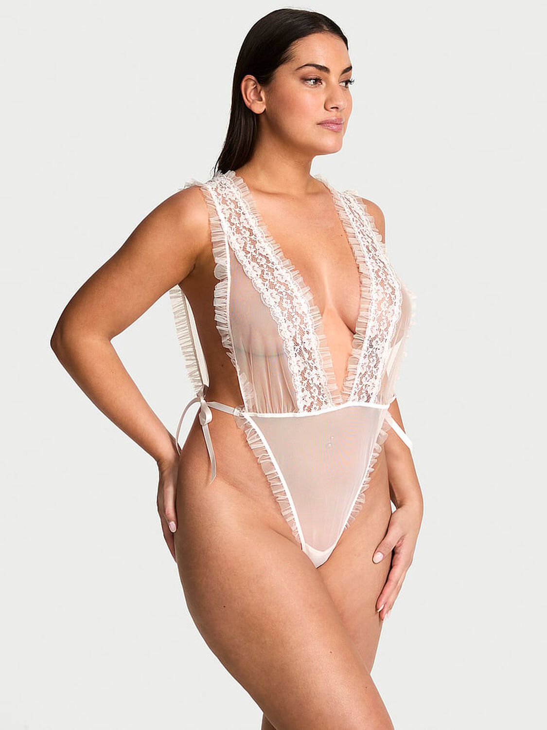vs Dream Angels Dare to Dream Lace Sheer High-Leg Teddy Coconut White 1 of 3 