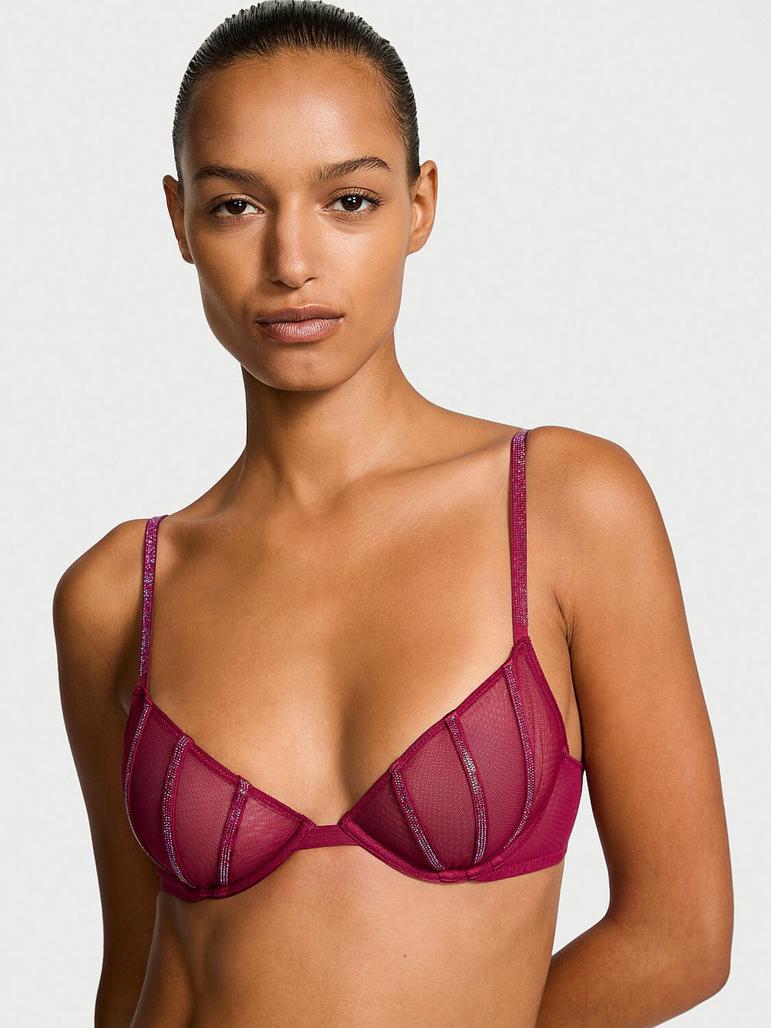 vs Very Sexy Sheer Shine Unlined Low-Cut Demi Bra Campari Red 5 of 6 