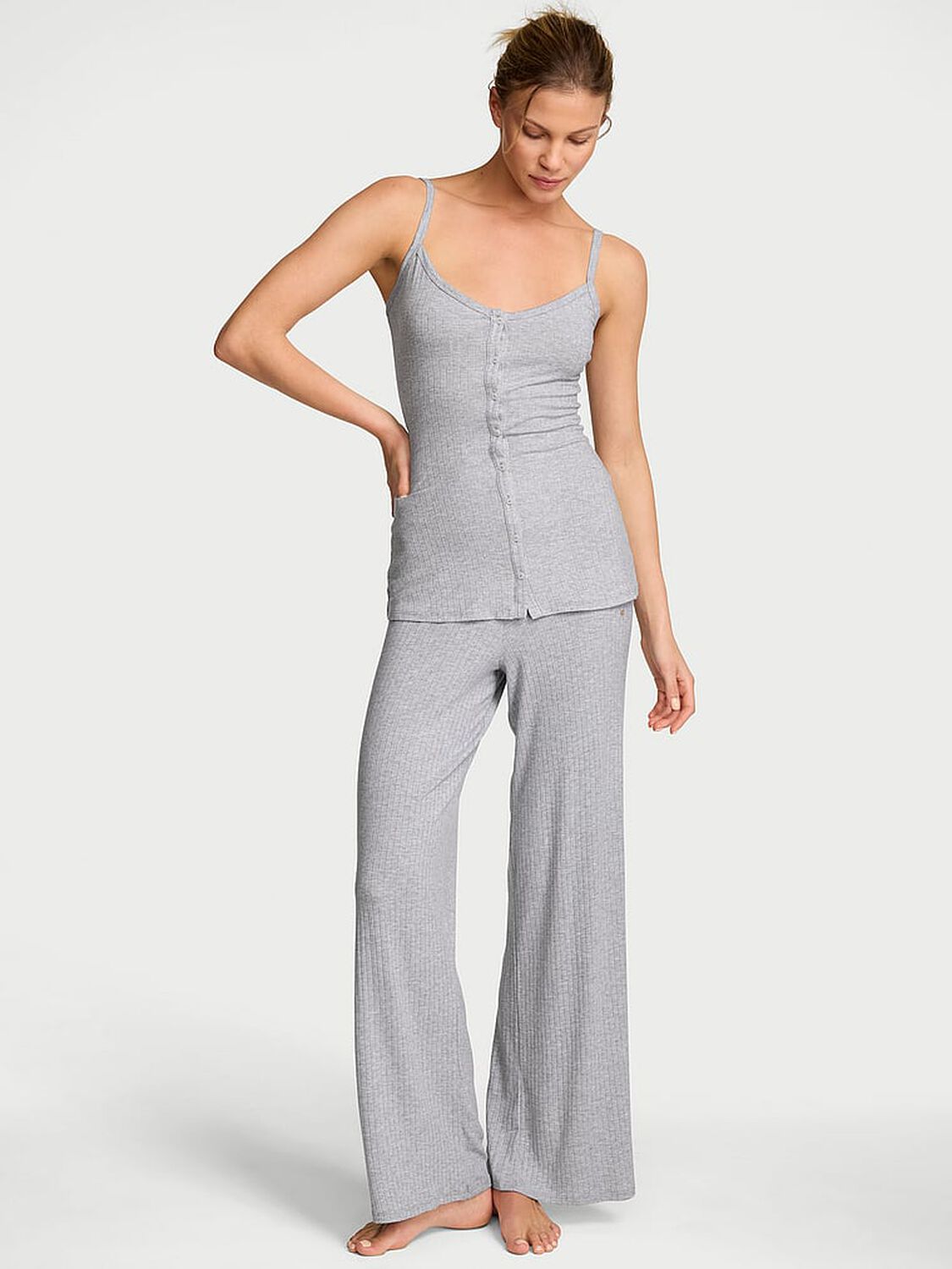 vs Victoria's Secret SoSoft&trade; Modal Wide-Rib Button-Front Cami & Pants Set Medium Heather Grey 1 of 4 