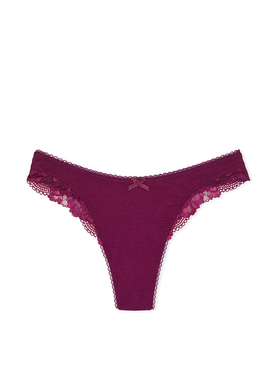 vs Victoria's Secret Body by Victoria Stretch Cotton Lace-Trim High-Leg Scoop Thong Panty Plum Rouge 1 of 3 