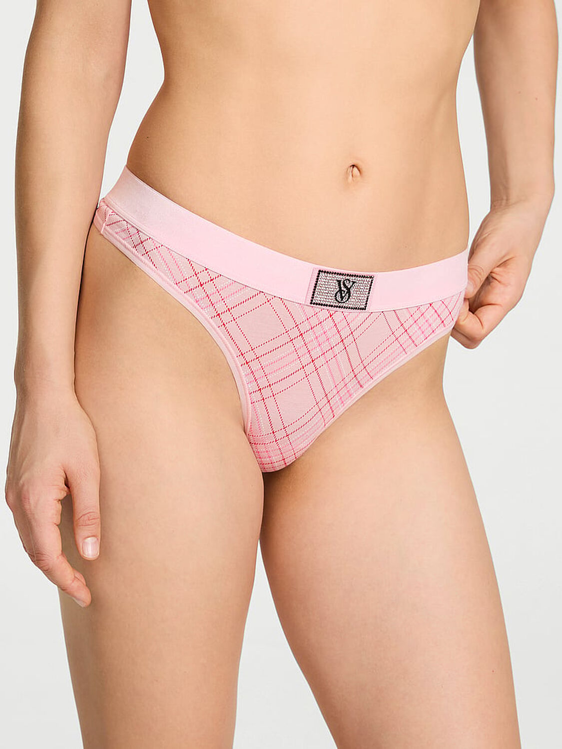 vs Cotton Logo Cotton Shine Patch Velvet Thong Panty Pink Plaid 1 of 2 