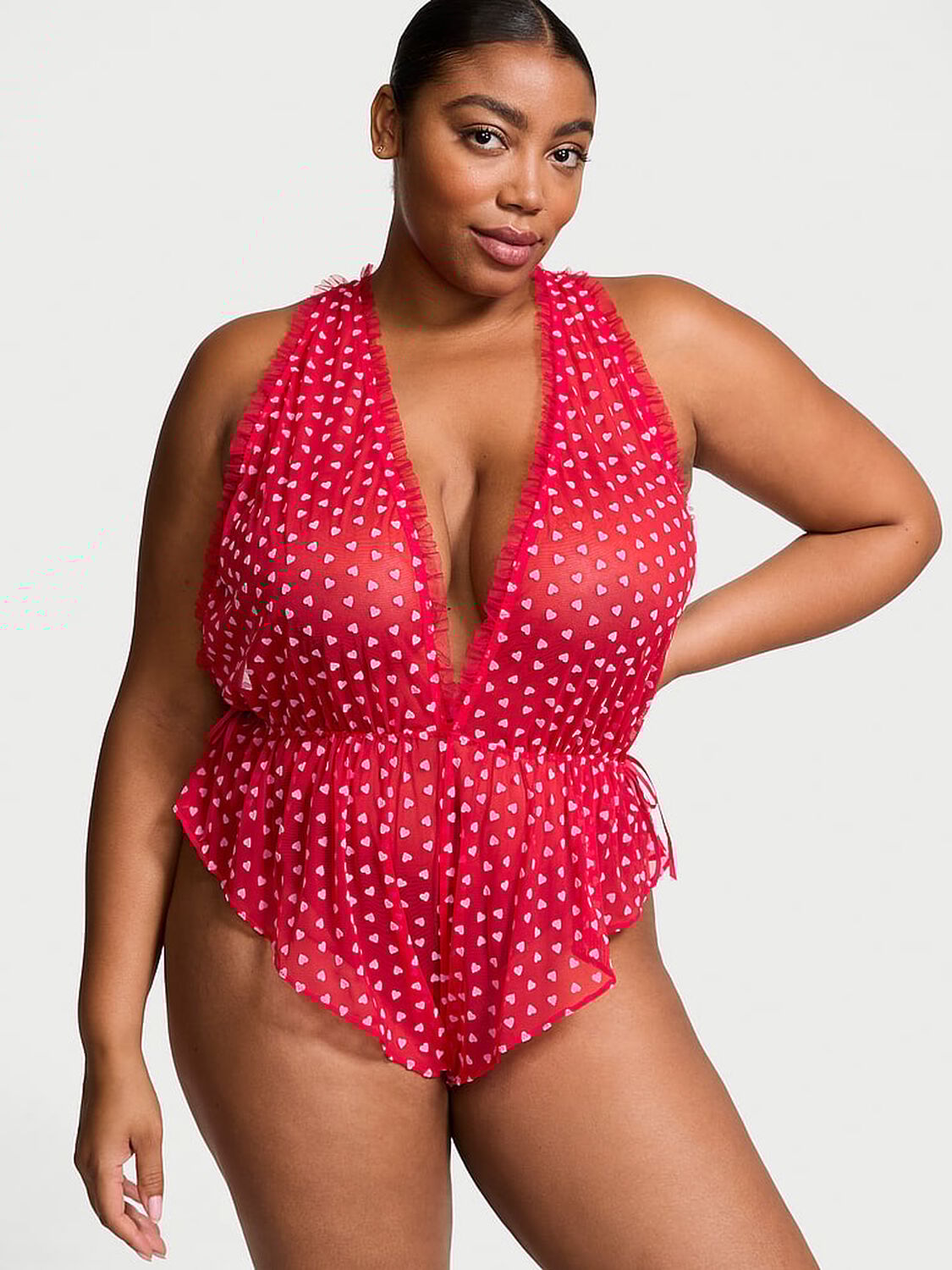 vs Victoria's Secret Tease Mini Hearts Flocked Mesh Romper Bright Vermillion 1 of 4 