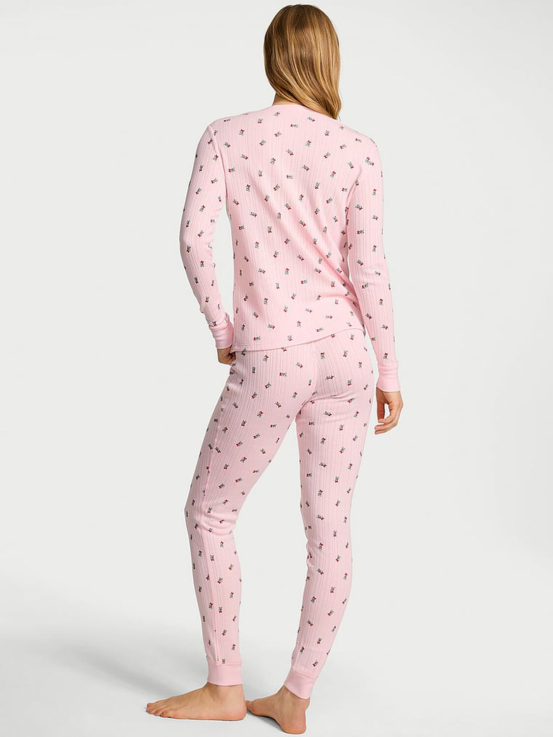 vs Victoria's Secret Cozy Pointelle Henley Long Pajama Set Angel Pink W Mistletoe Graphic 2 of 2 
