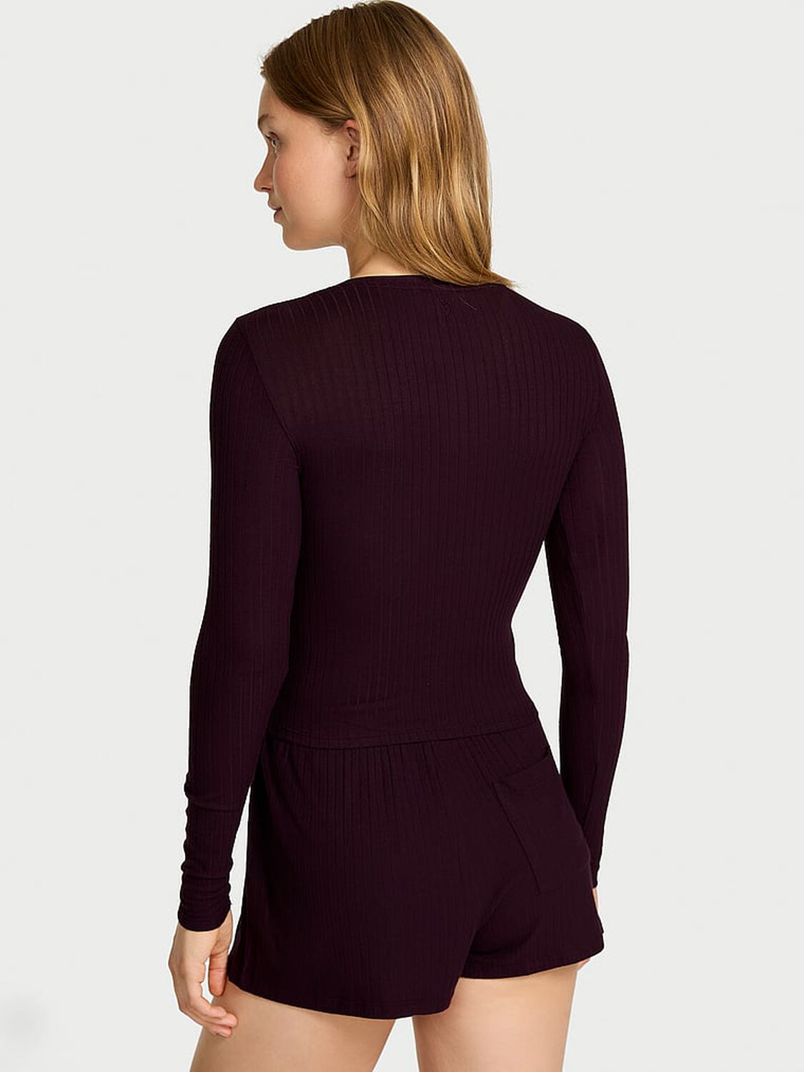 vs Victoria's Secret Modal Wide-Rib Long-Sleeve Short Lounge Set Winter Wine 2 of 3 