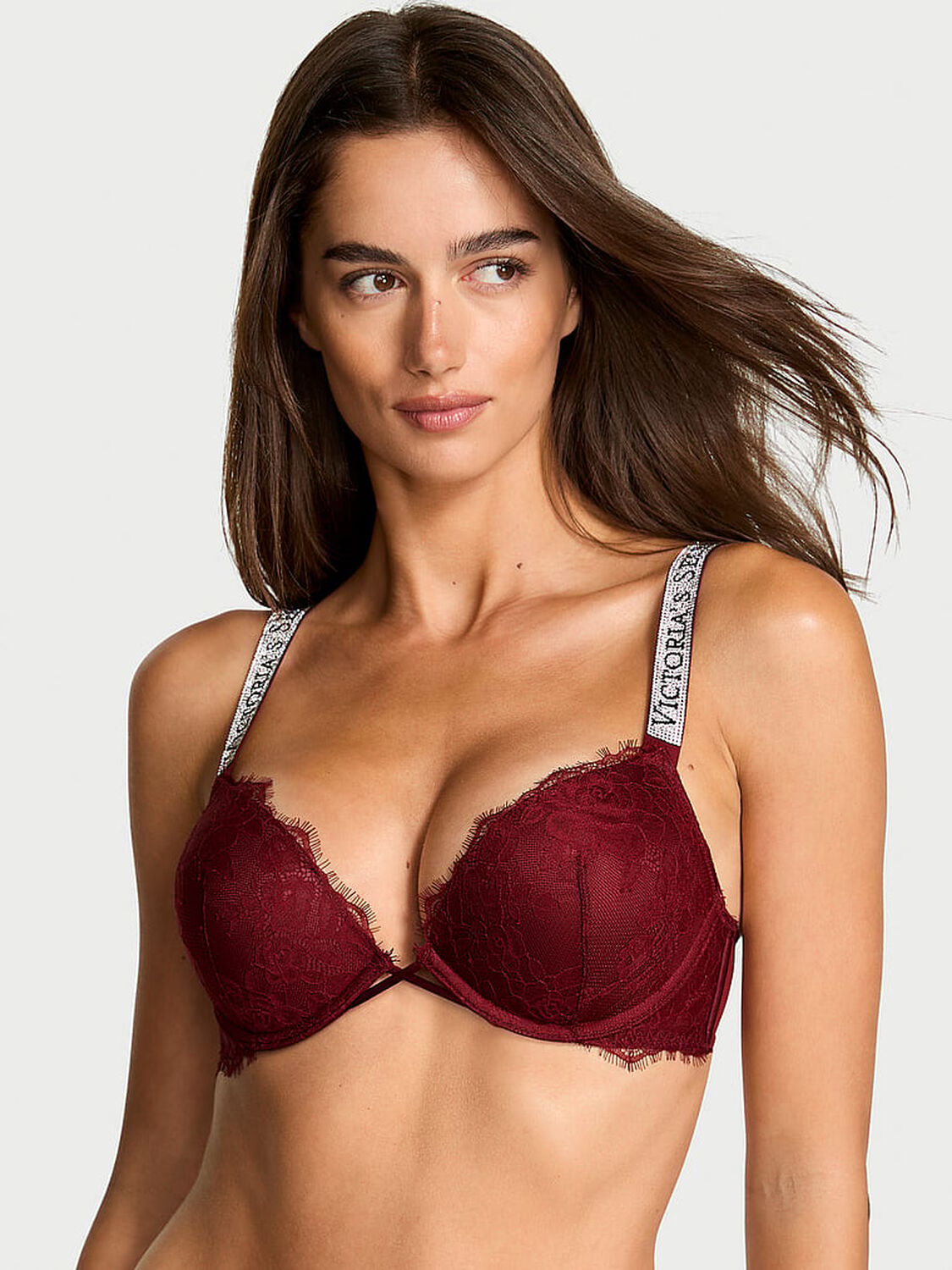 vs Very Sexy Bombshell Add-2-Cups Shine Strap Rose Lace Push-Up Bra Sangria Red 3 of 3 